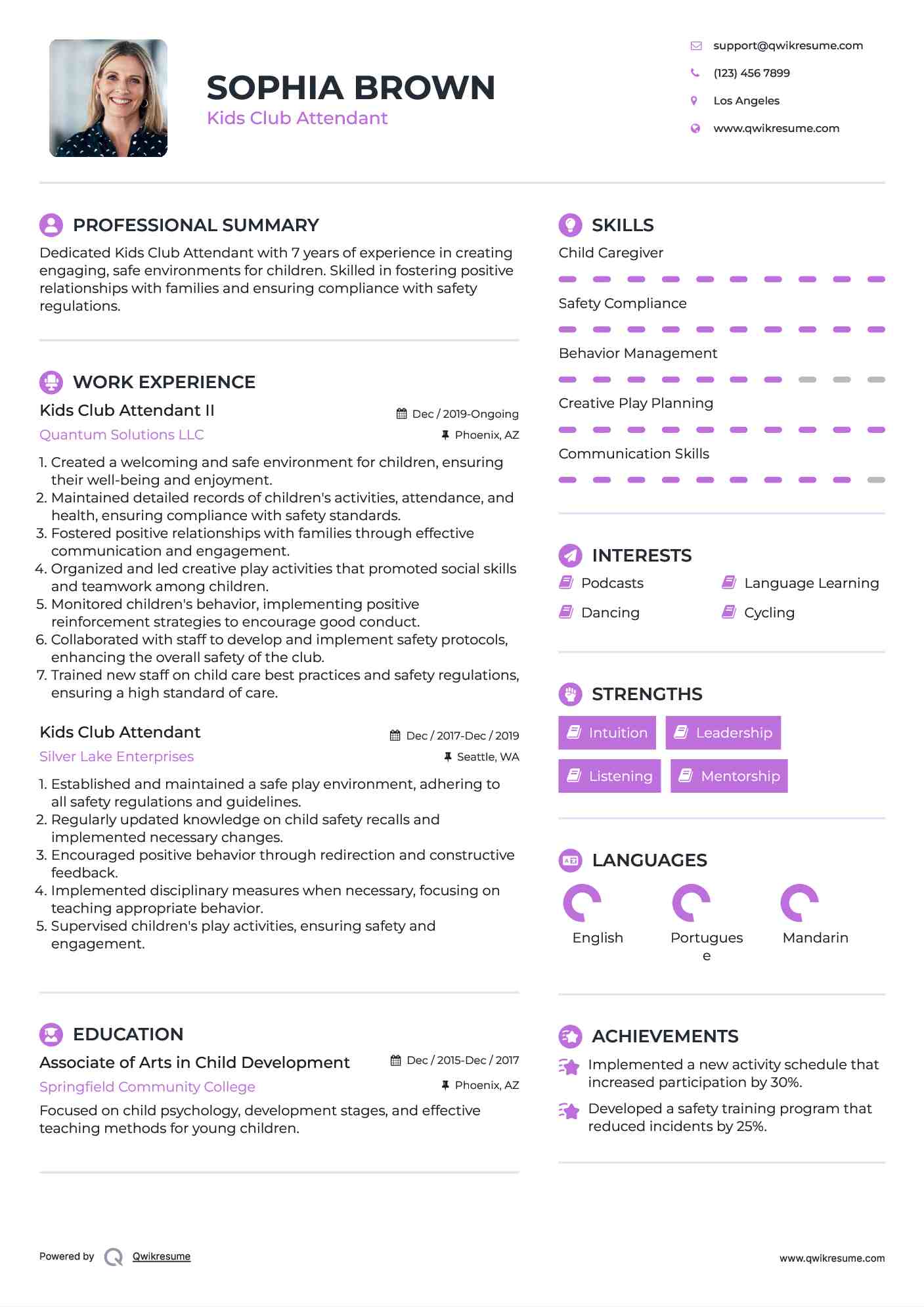 Kids Club Attendant II Resume Sample