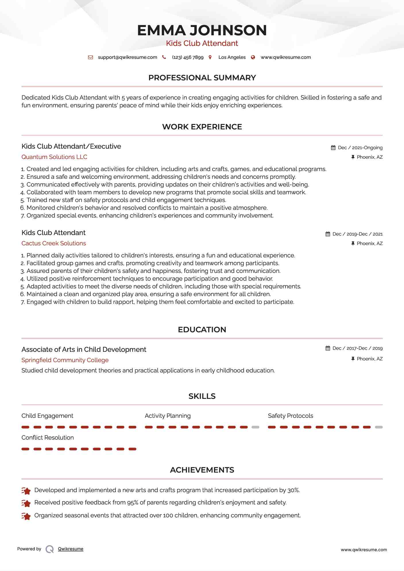 Kids Club Attendant/Executive Resume Format