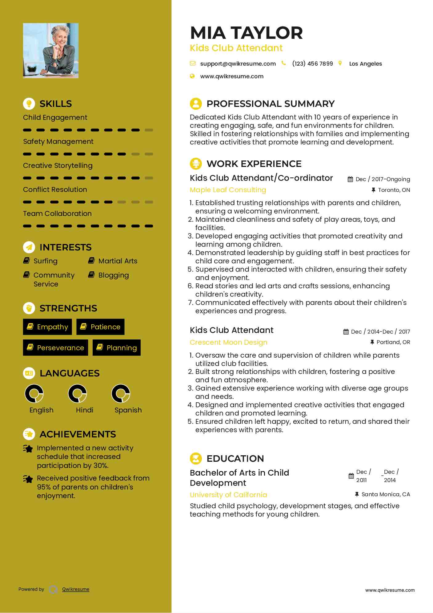 Kids Club Attendant/Co-ordinator Resume Template