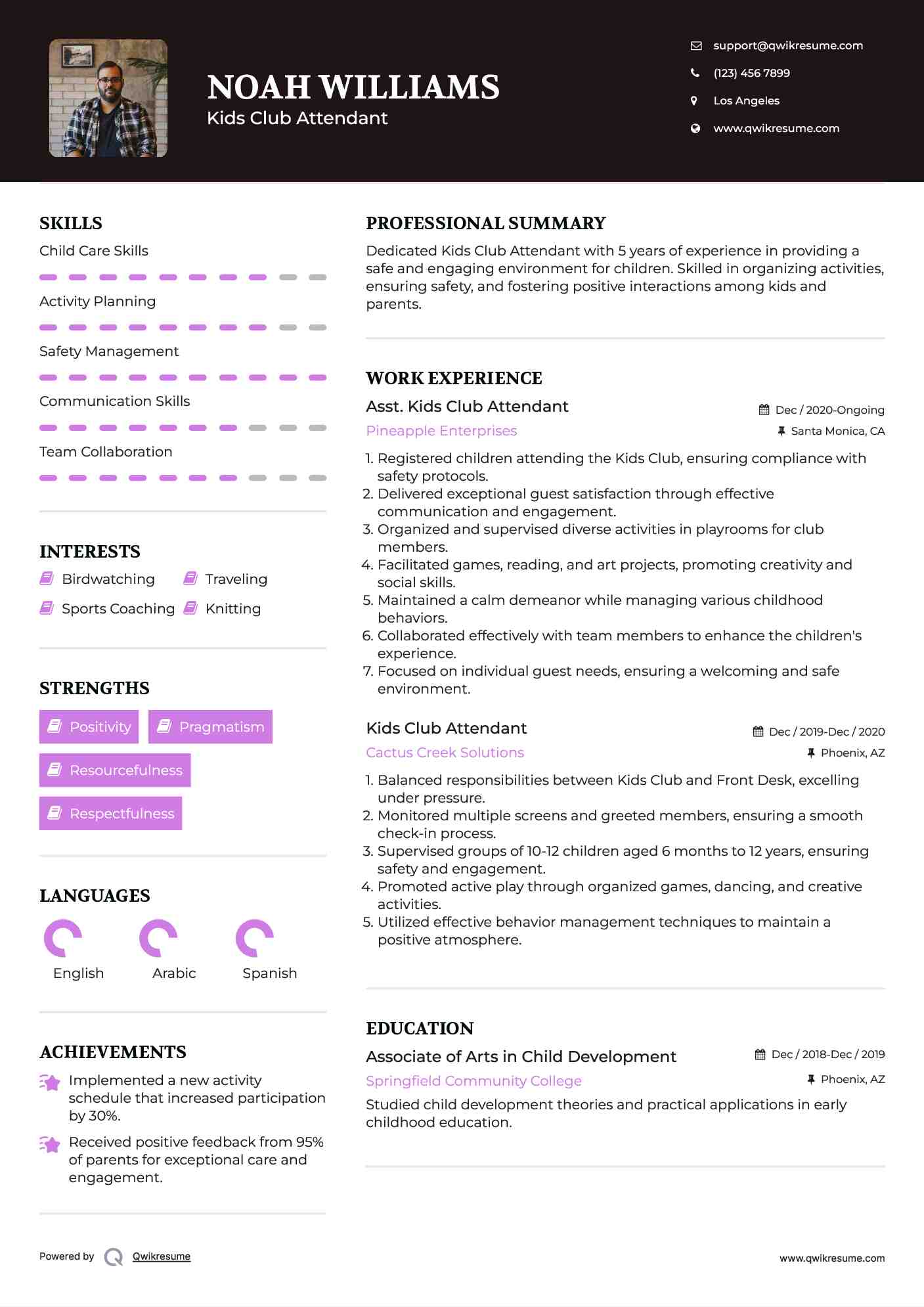 Asst. Kids Club Attendant Resume Example