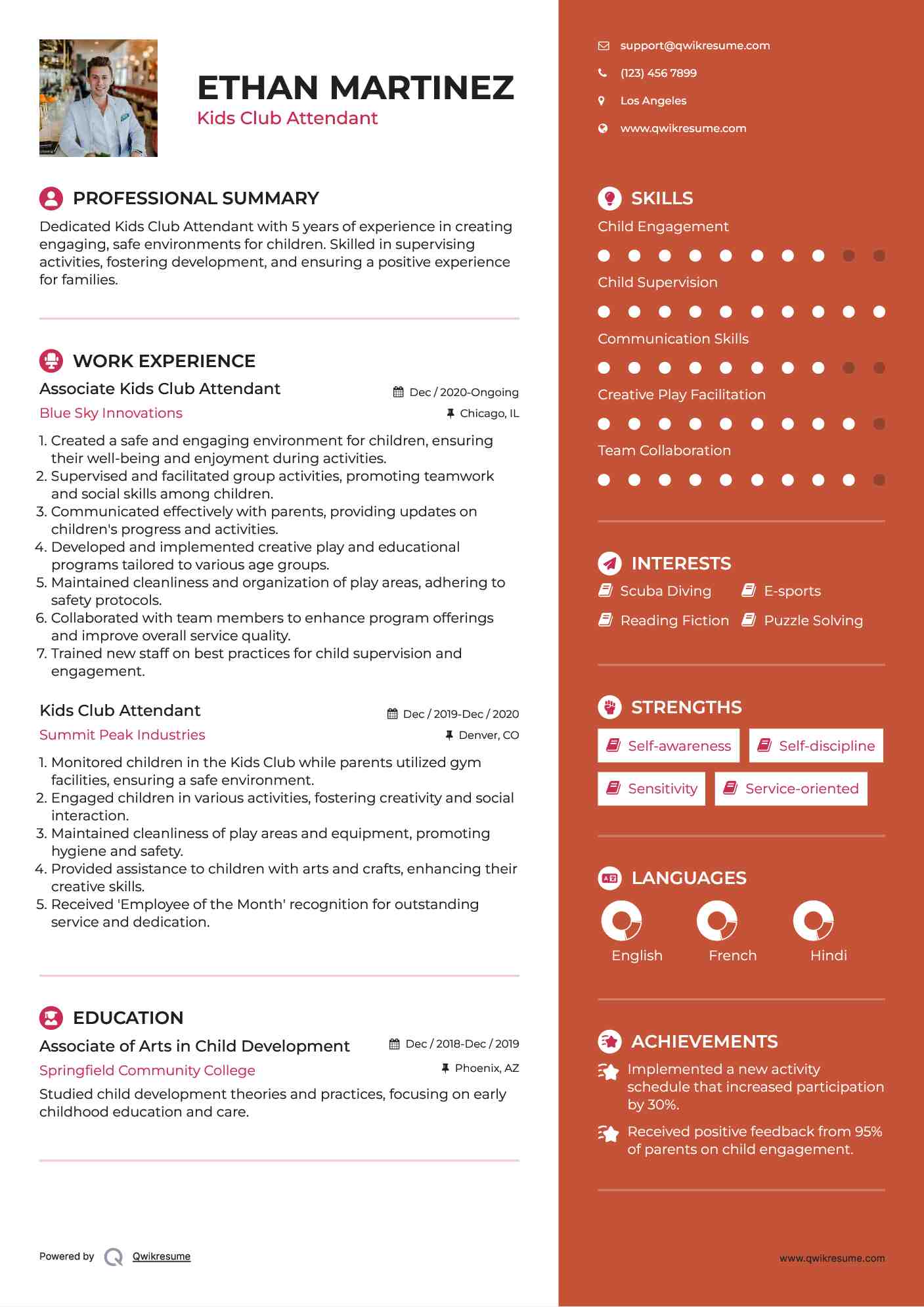 Associate Kids Club Attendant Resume Sample