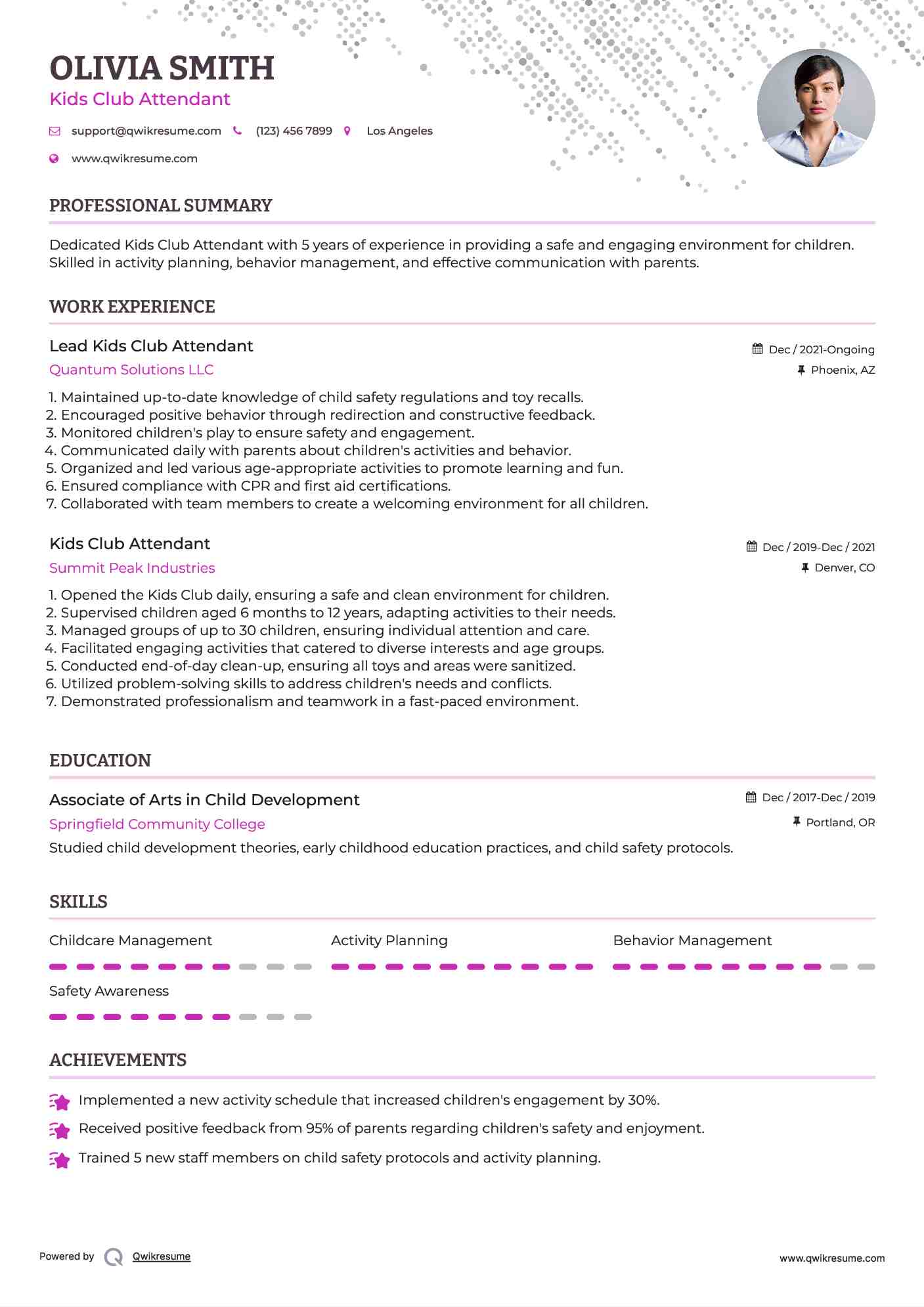 Lead Kids Club Attendant Resume Model