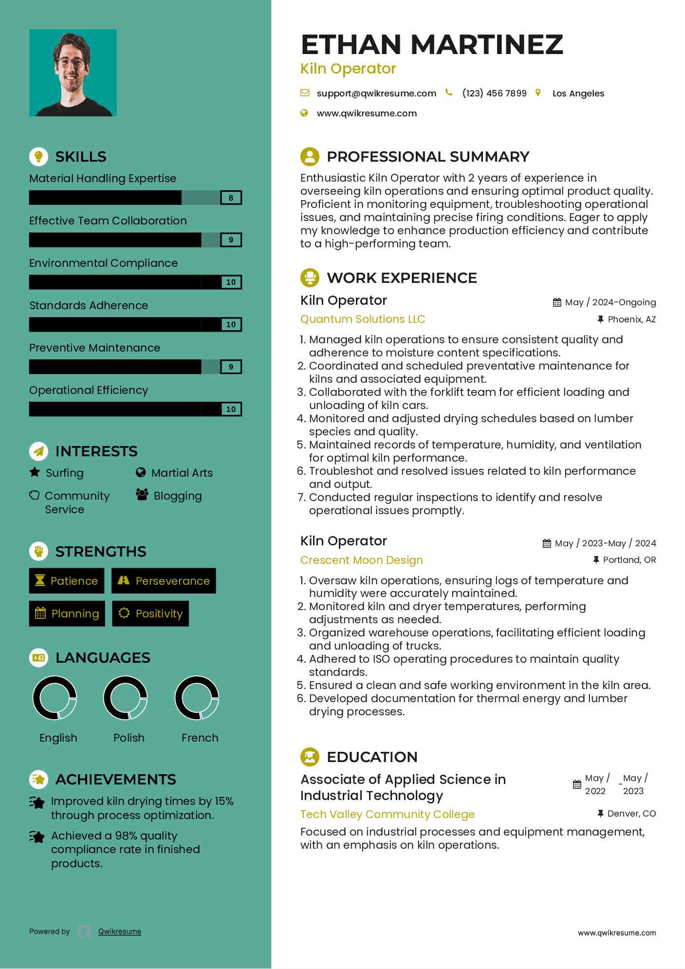 Kiln Operator Resume Sample