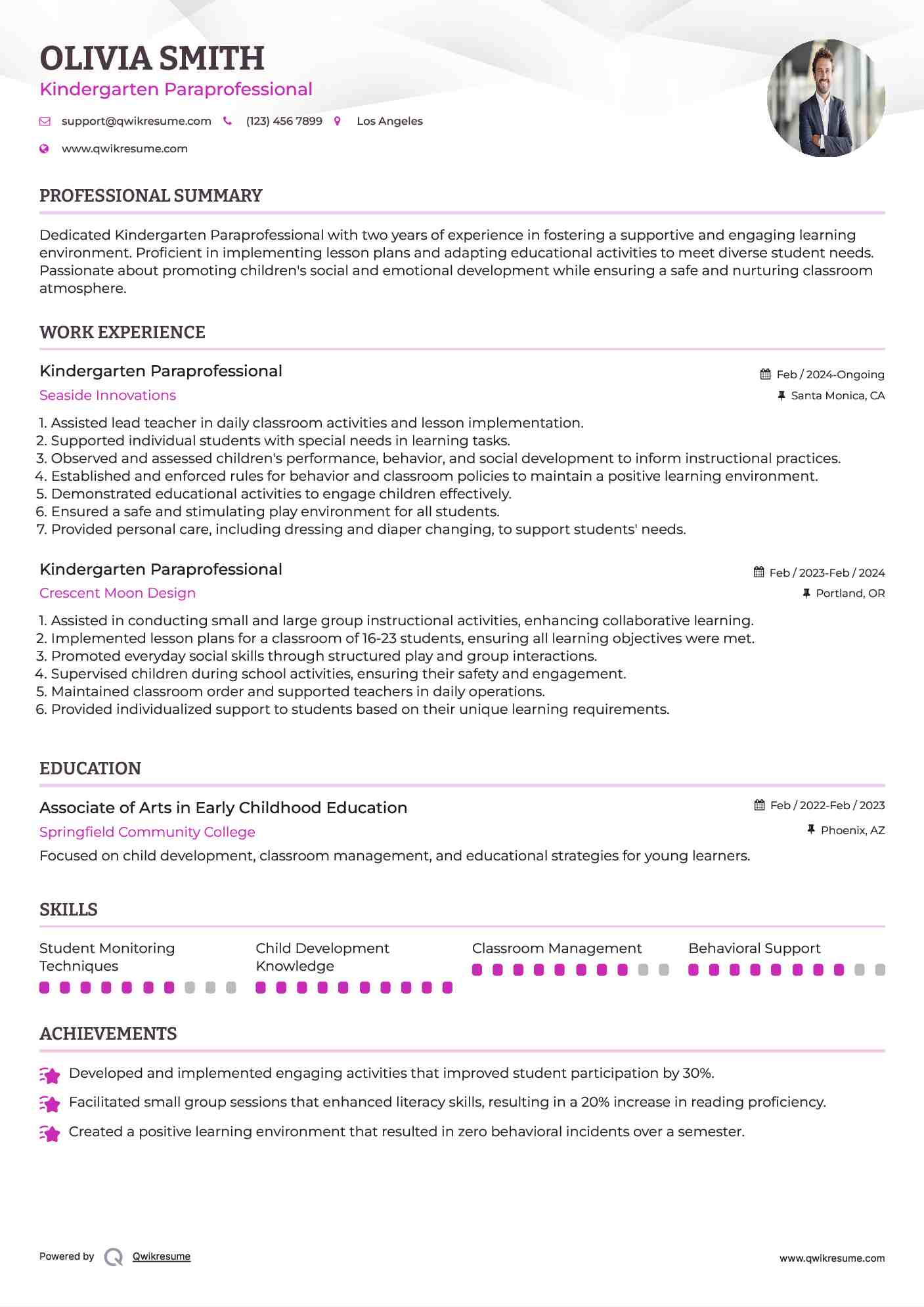 Kindergarten Paraprofessional Resume Sample