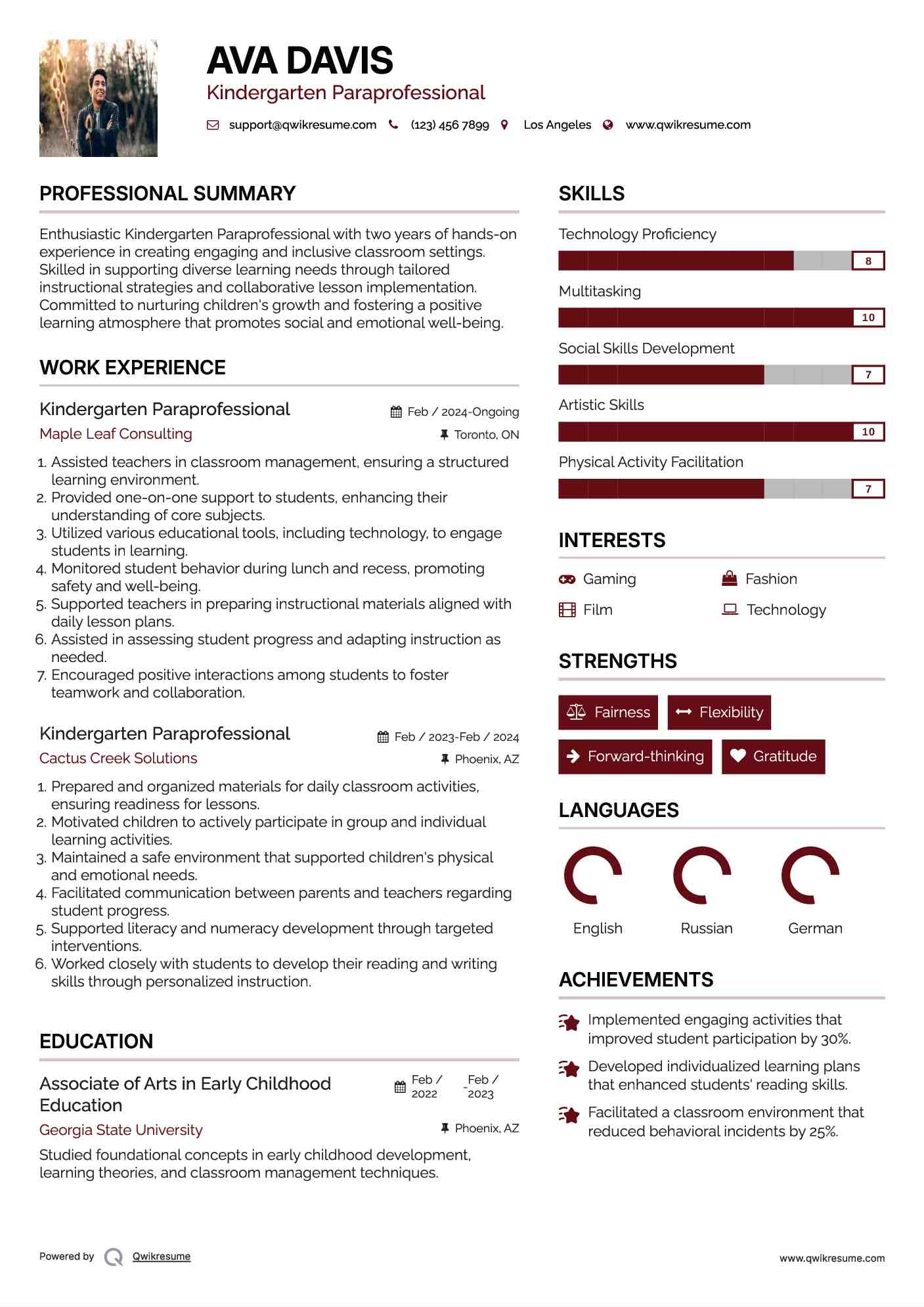 Kindergarten Paraprofessional Resume Model