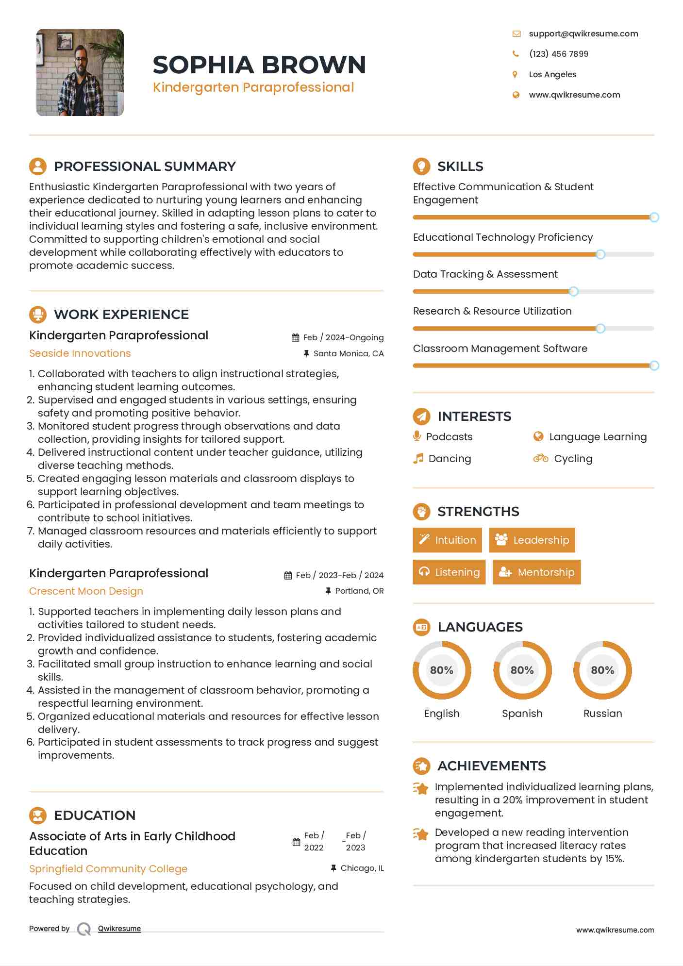 Kindergarten Paraprofessional Resume Template