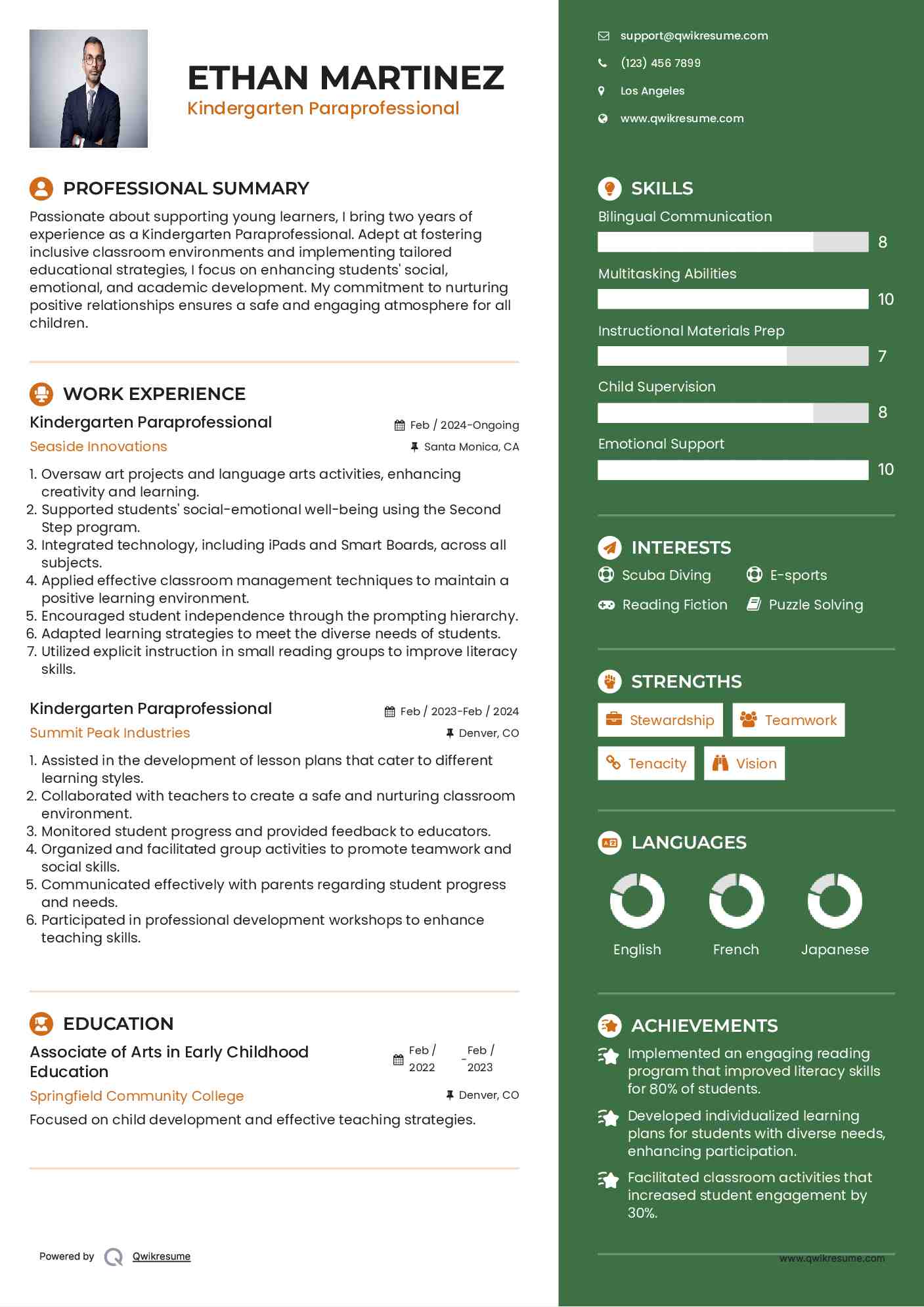 Kindergarten Paraprofessional Resume Example