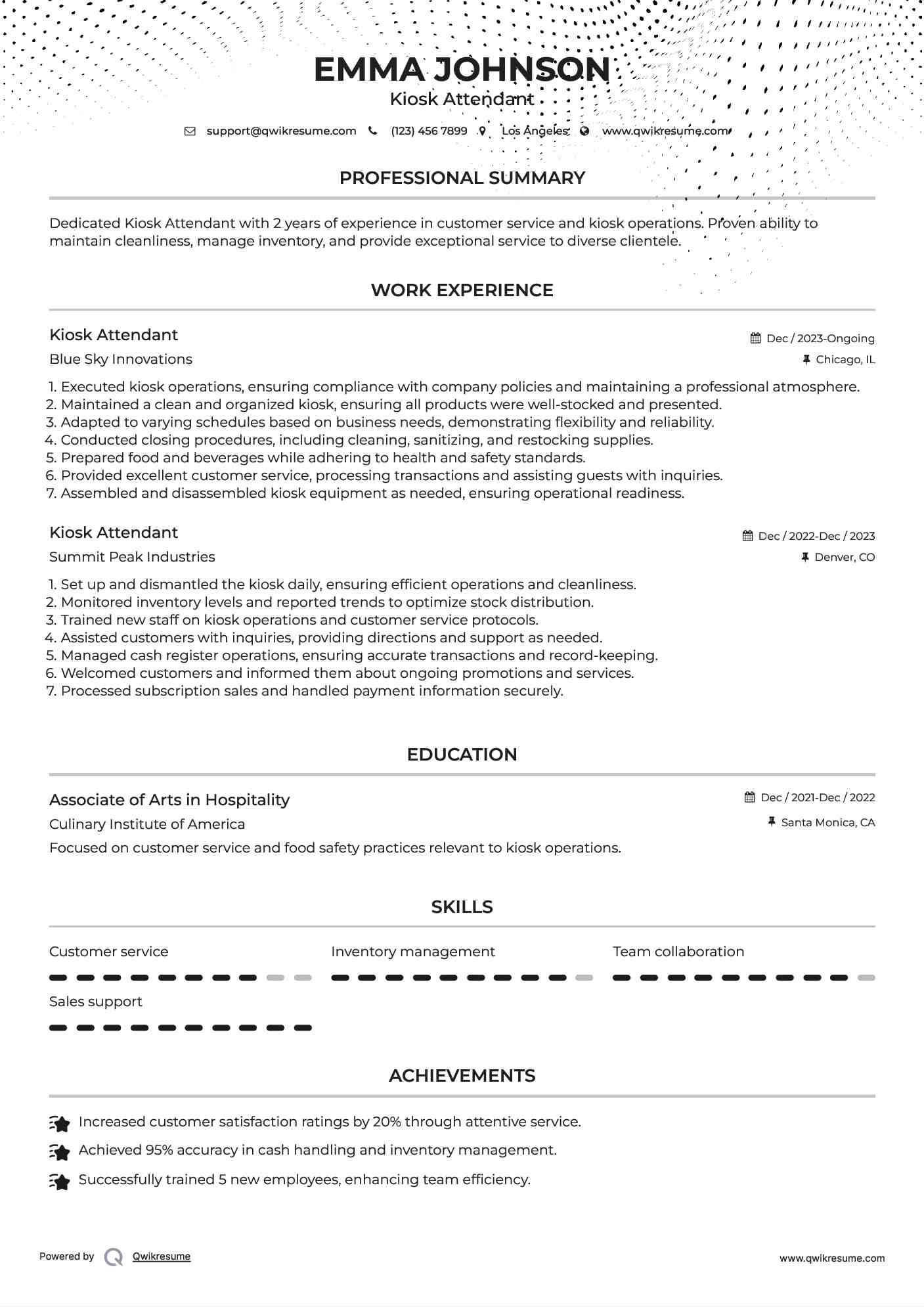 Kiosk Attendant Resume Format