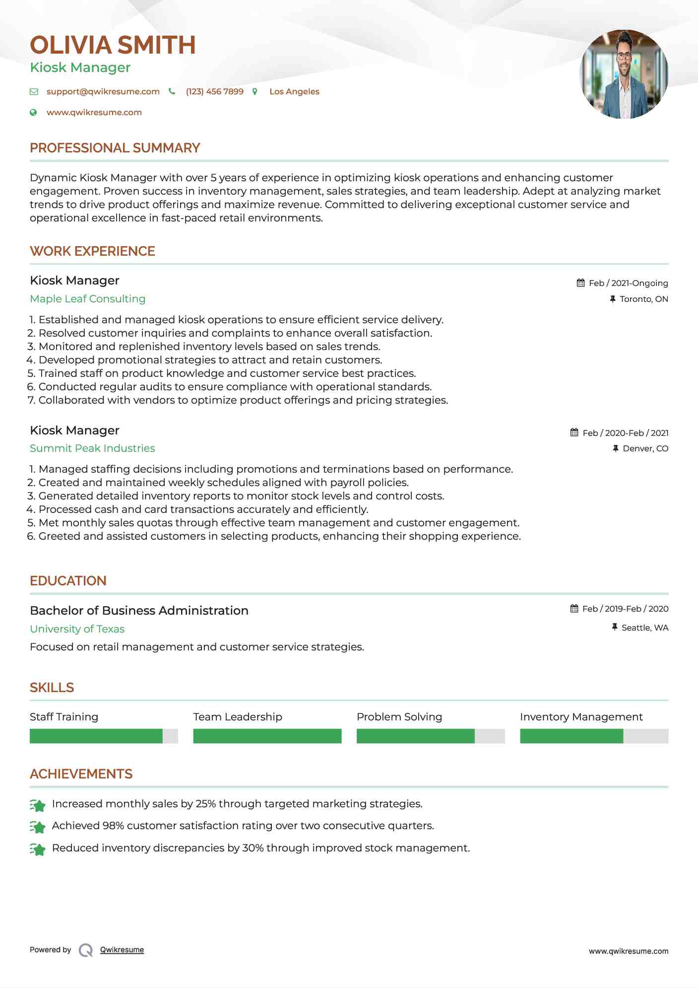 Kiosk Manager Resume Model