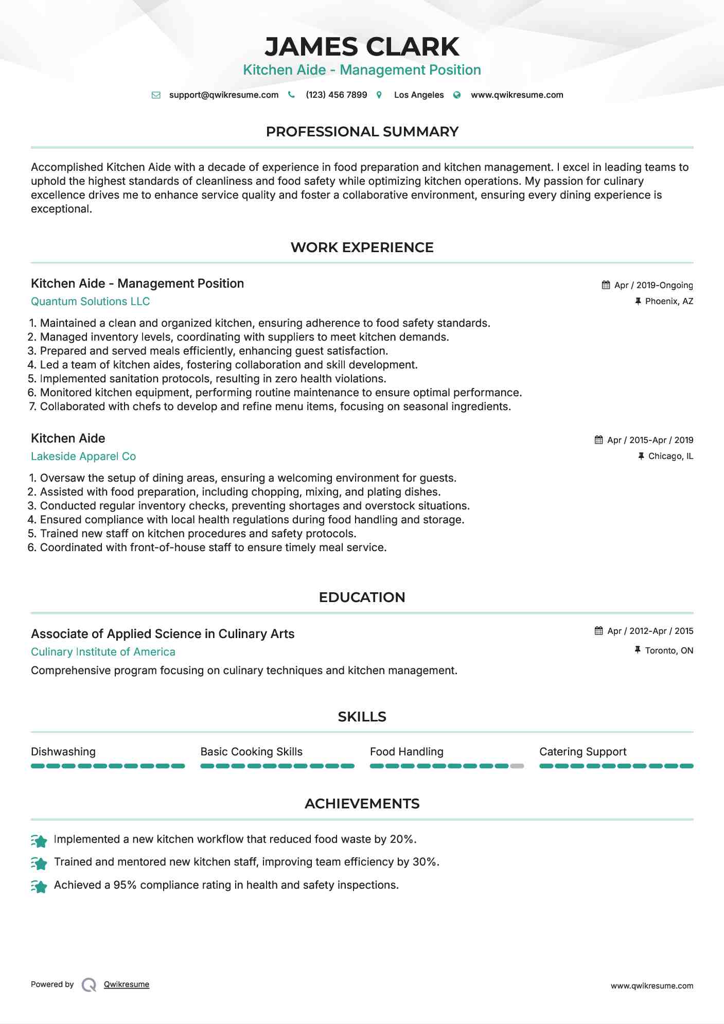 Kitchen Aide - Management Position Resume Example