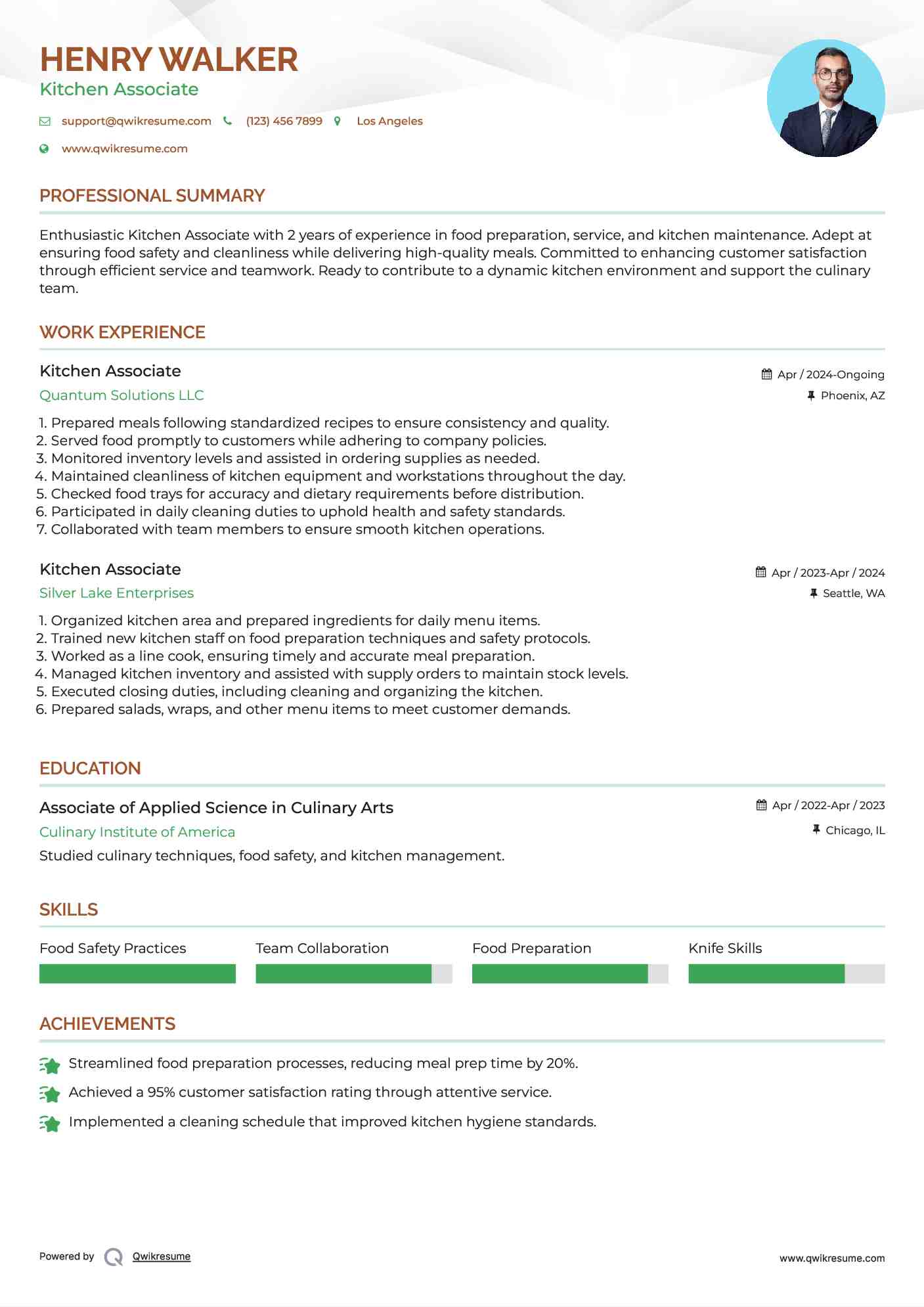 Kitchen Associate Resume Sample