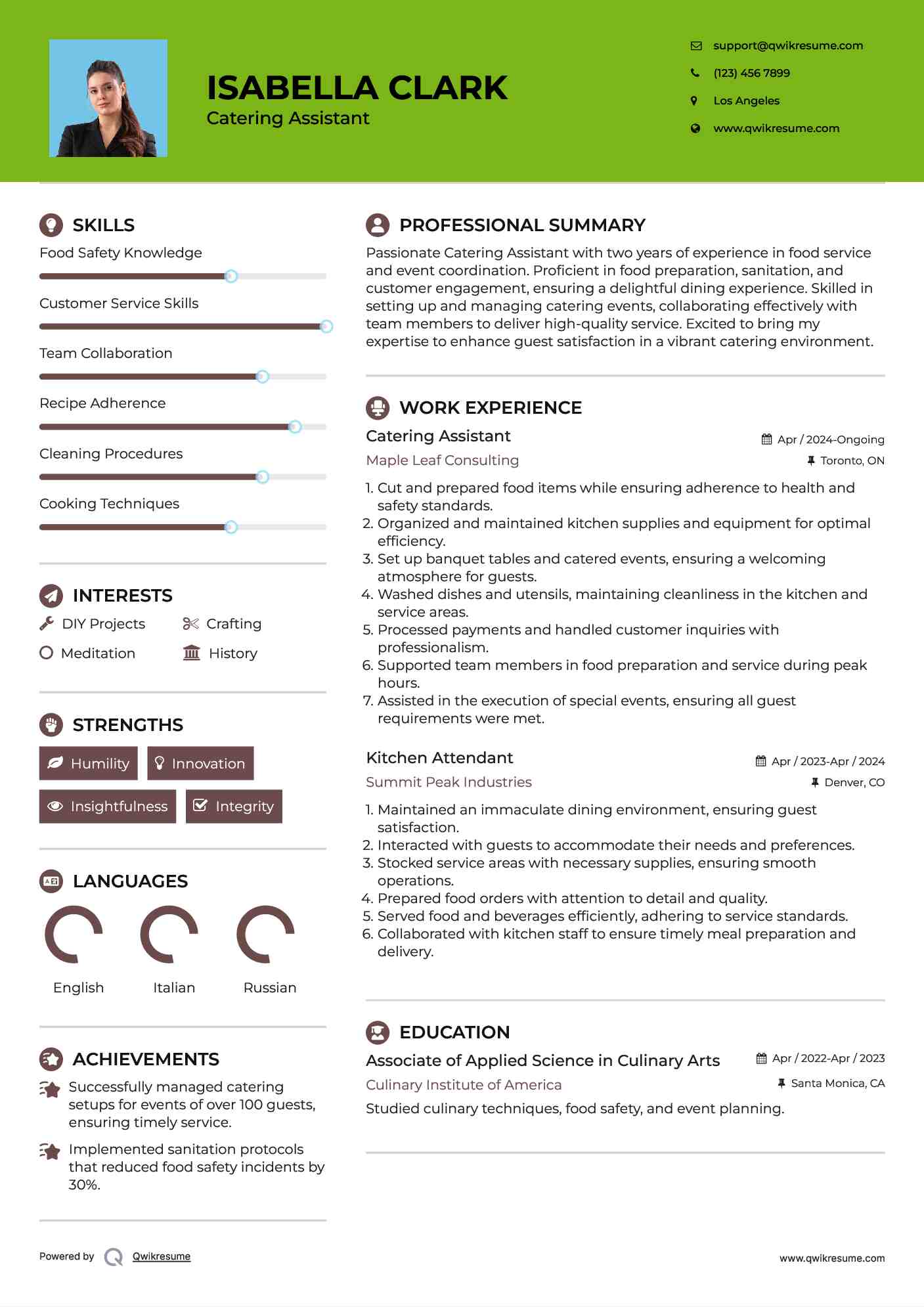 Catering Assistant Resume Example