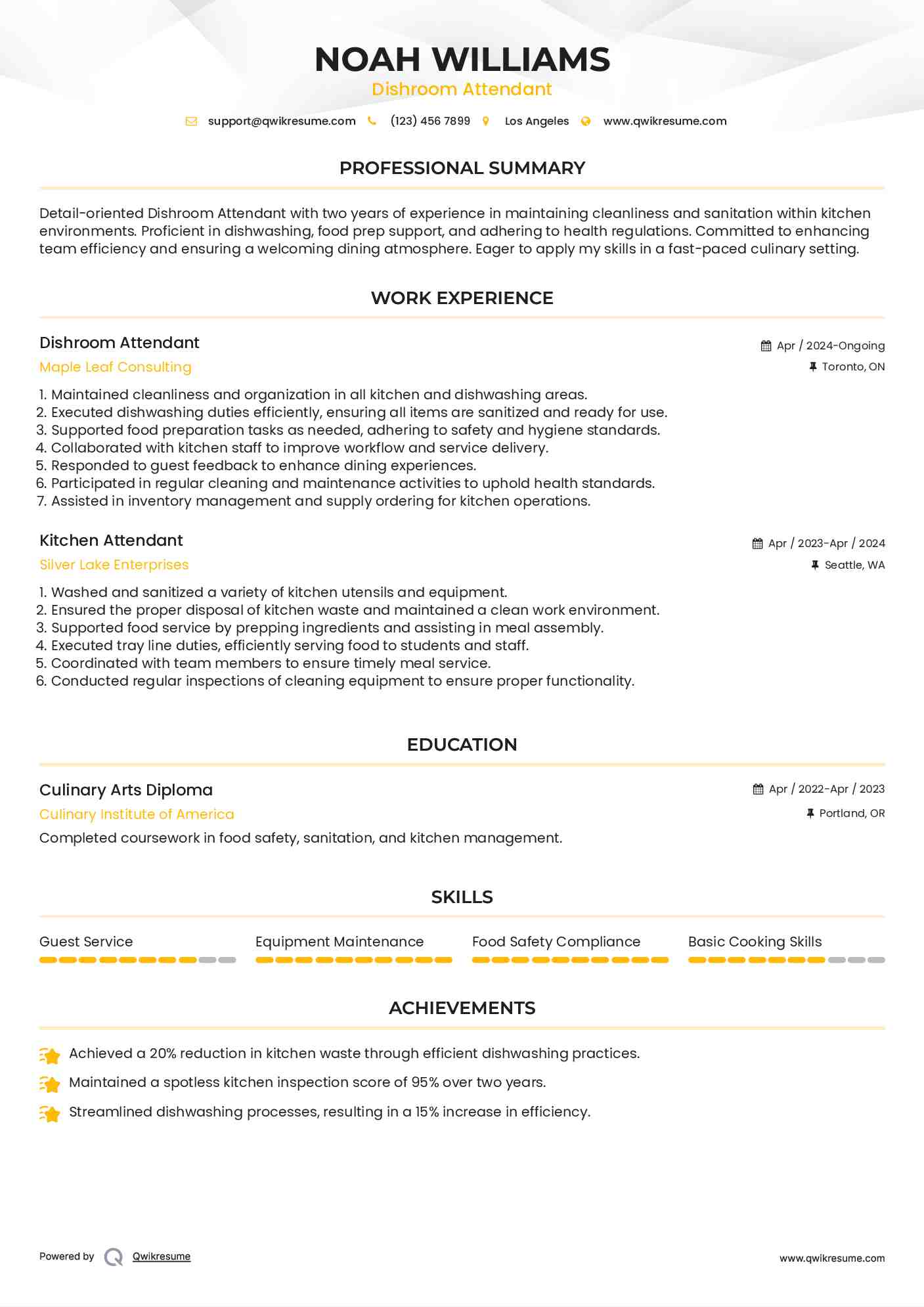 Dishroom Attendant
 Resume Format