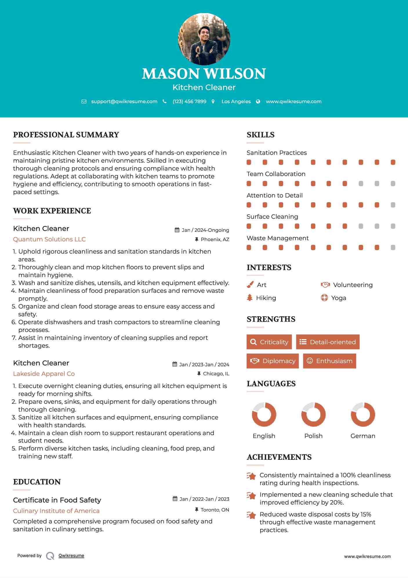 Kitchen Cleaner Resume Example