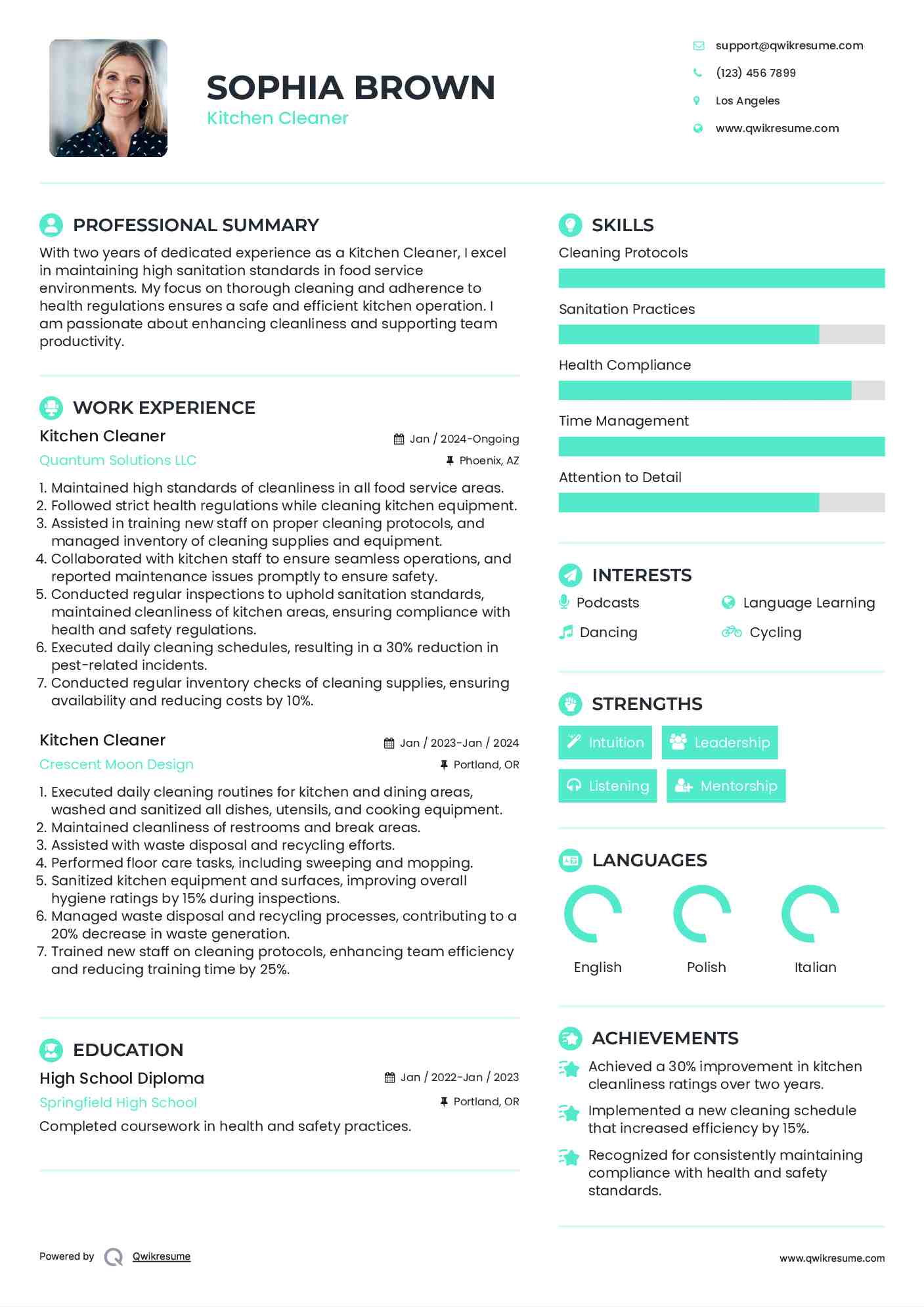 Kitchen Cleaner Resume Sample