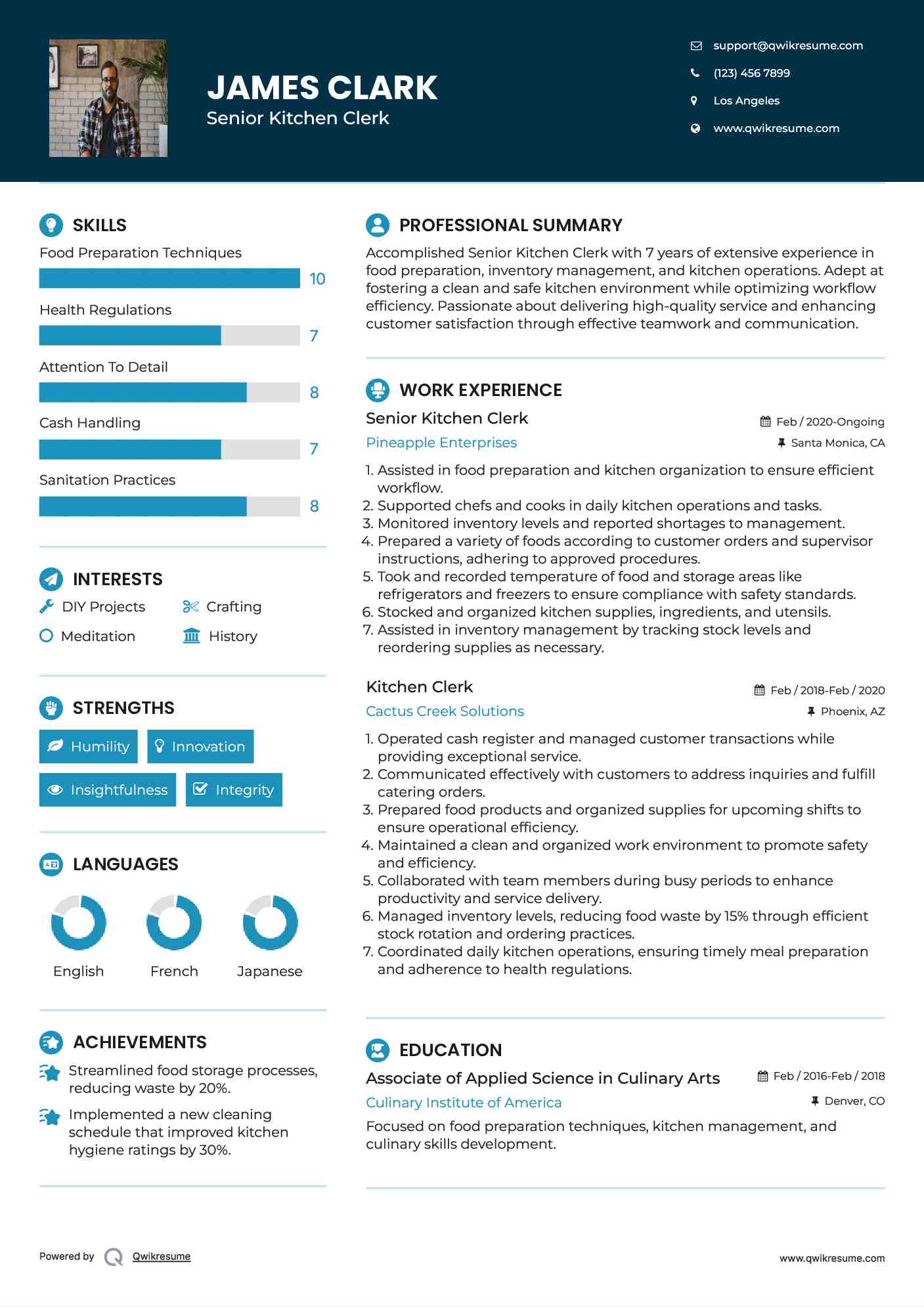 Senior Kitchen Clerk Resume Template