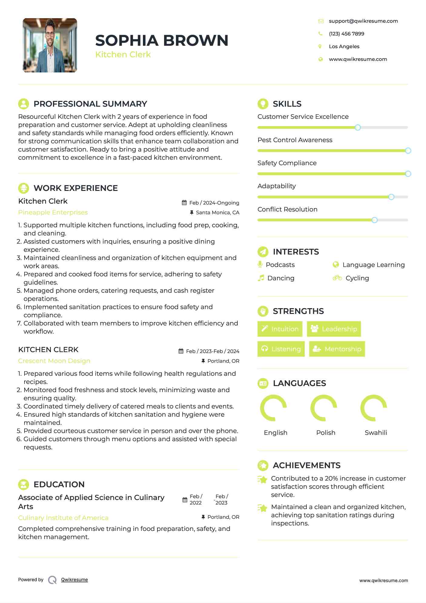 Kitchen Clerk Resume Format