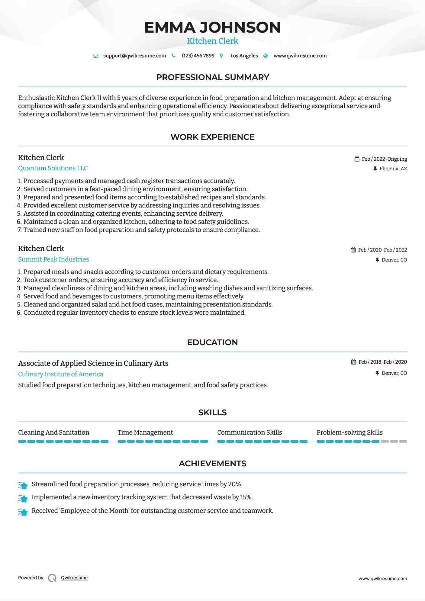 Kitchen Clerk Resume Sample