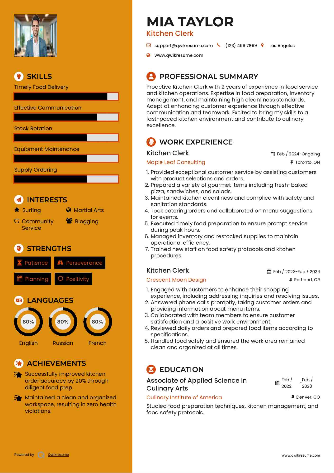 Kitchen Clerk Resume Sample