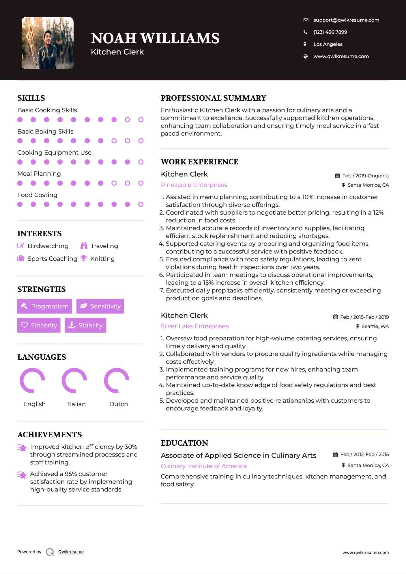 Kitchen Clerk Resume Example