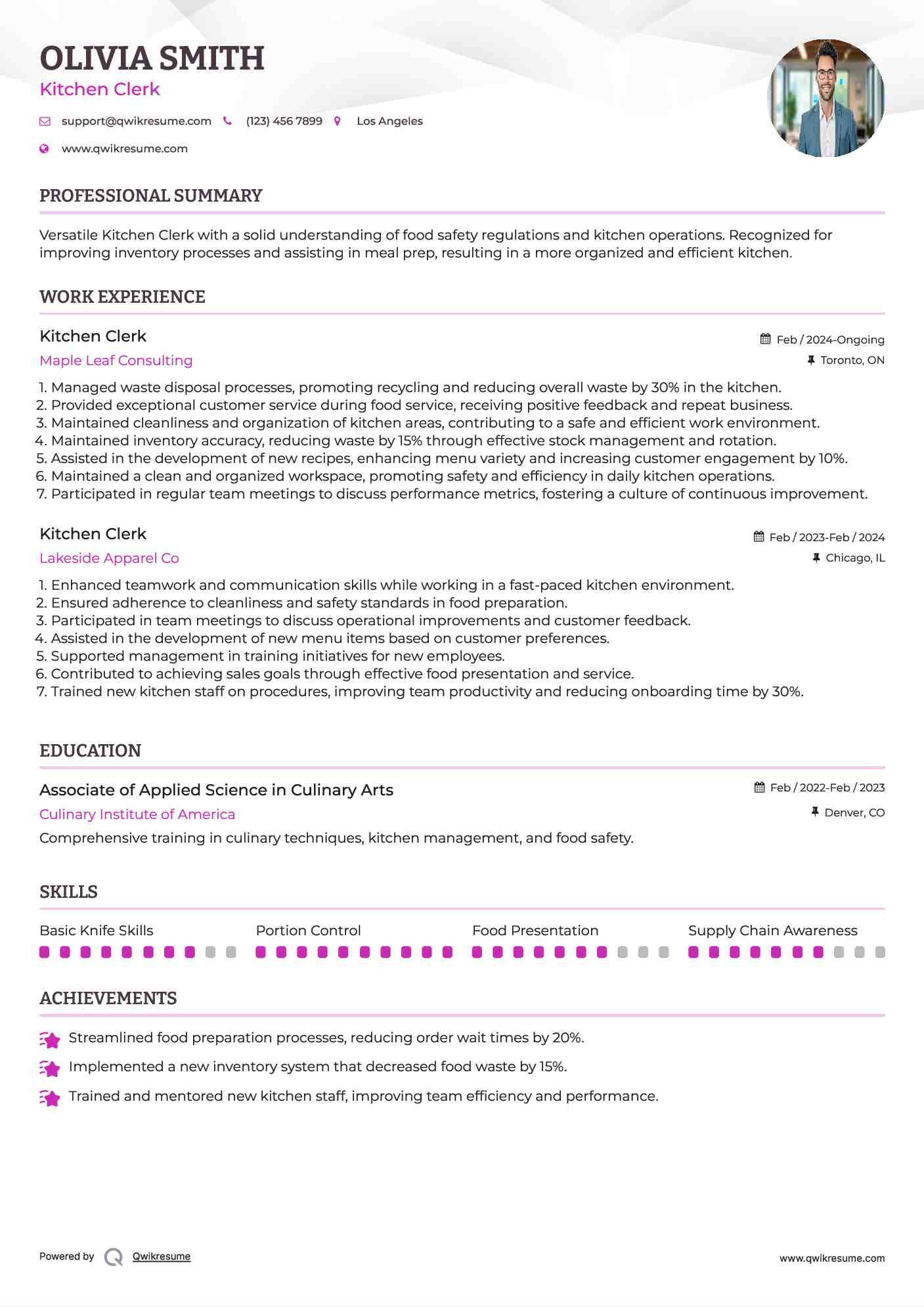 Kitchen Clerk Resume Sample