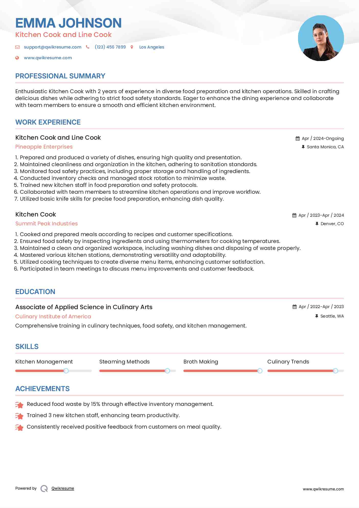 Kitchen Cook and Line Cook Resume Model
