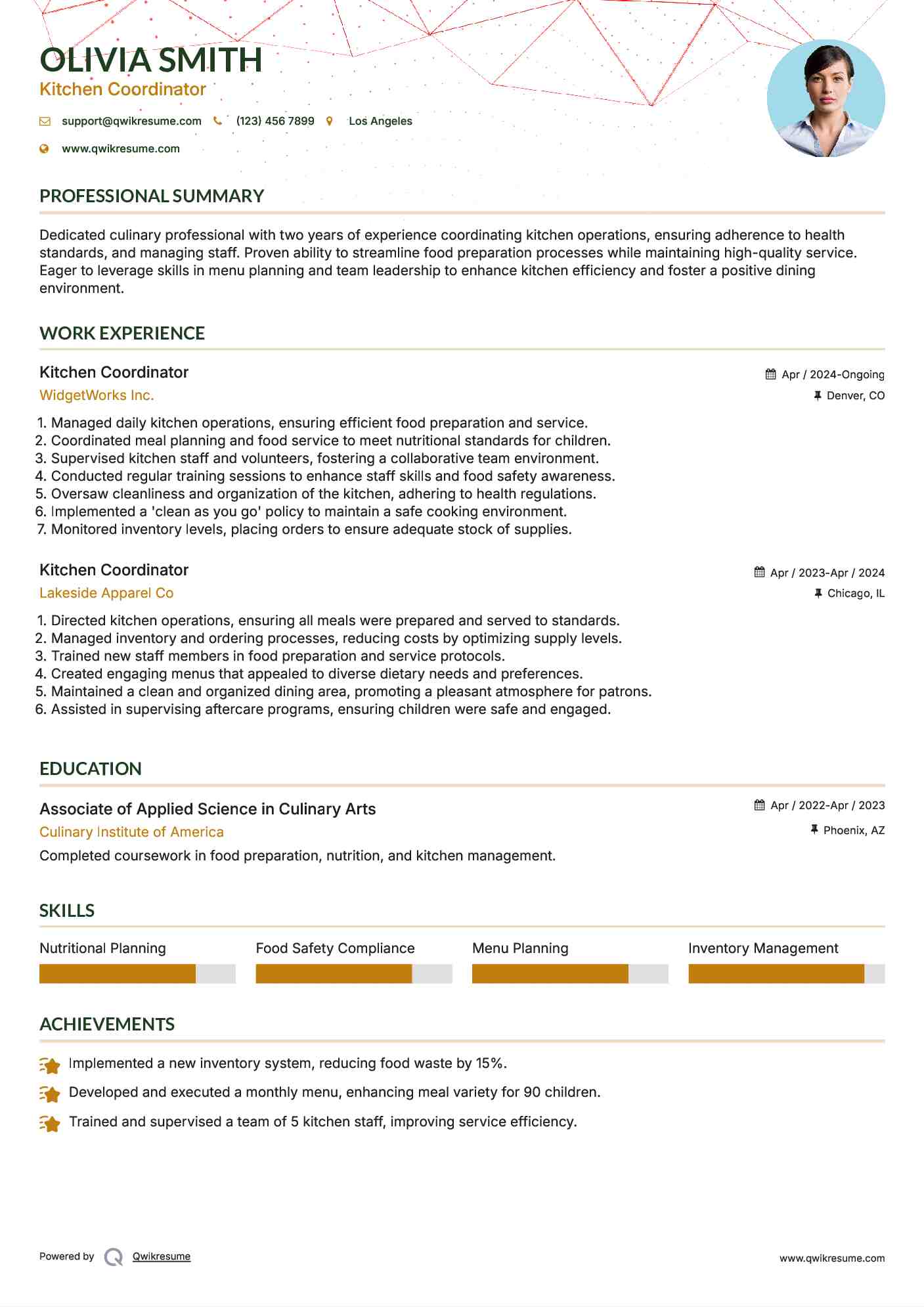 Kitchen Coordinator Resume Example
