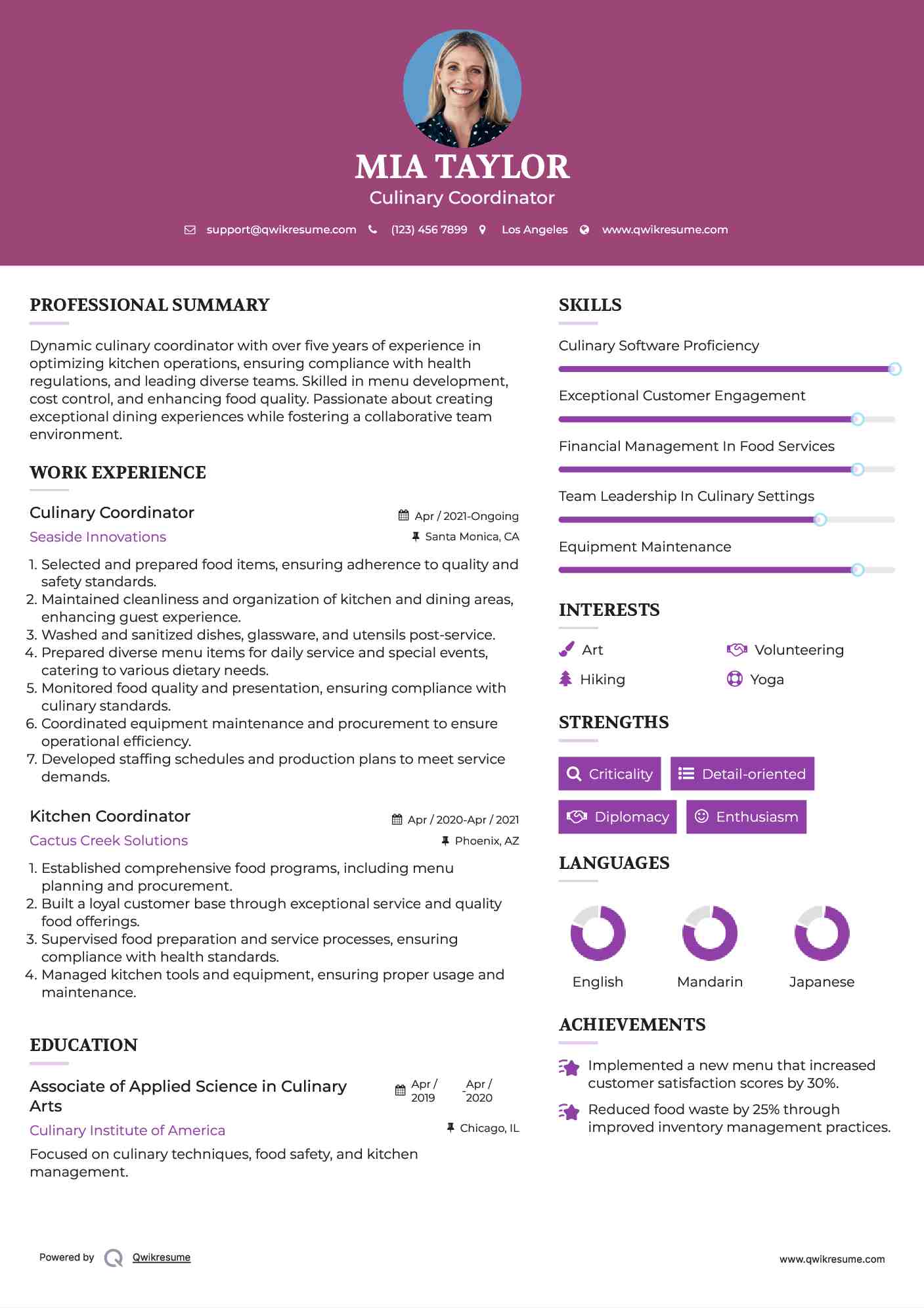 Culinary Coordinator Resume Example