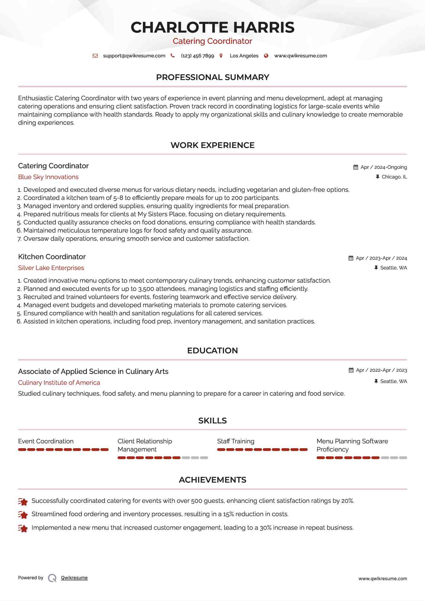 Catering Coordinator Resume Format