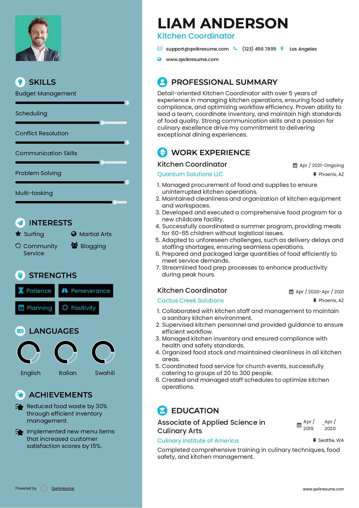 Kitchen Coordinator Resume Template
