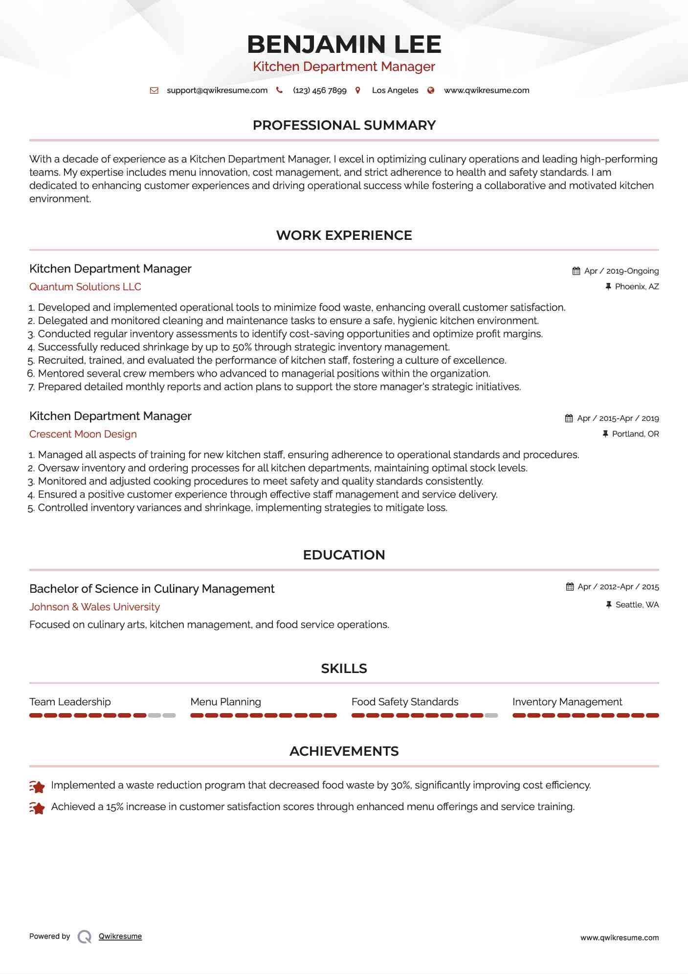 Kitchen Department Manager Resume Model