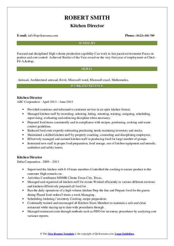Kitchen Director Resume Samples QwikResume