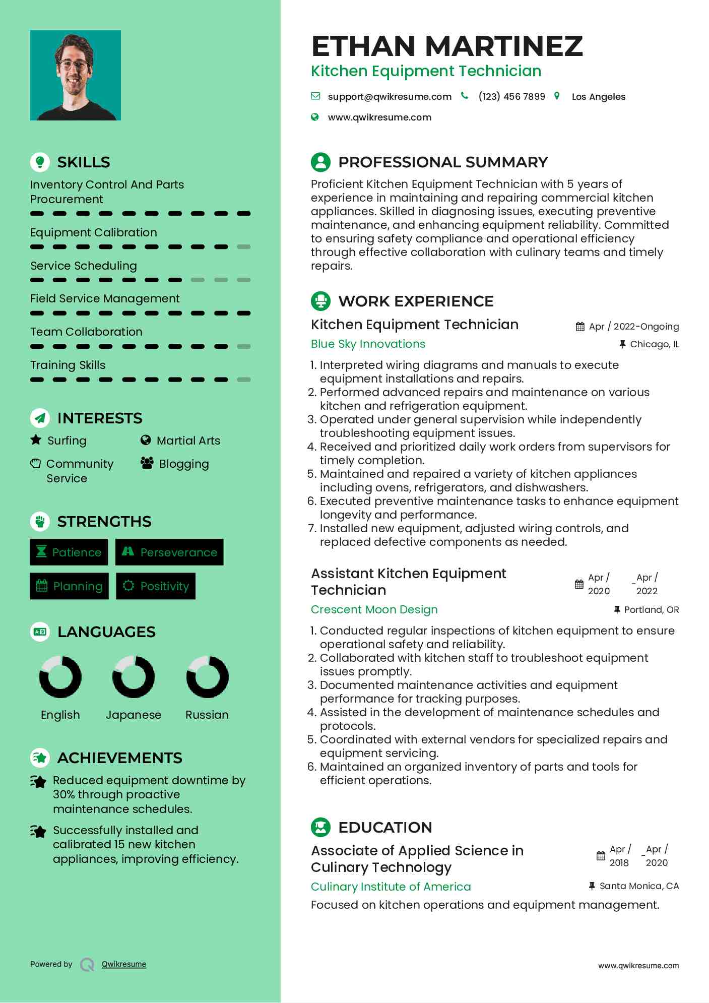 Kitchen Equipment Technician Resume Format
