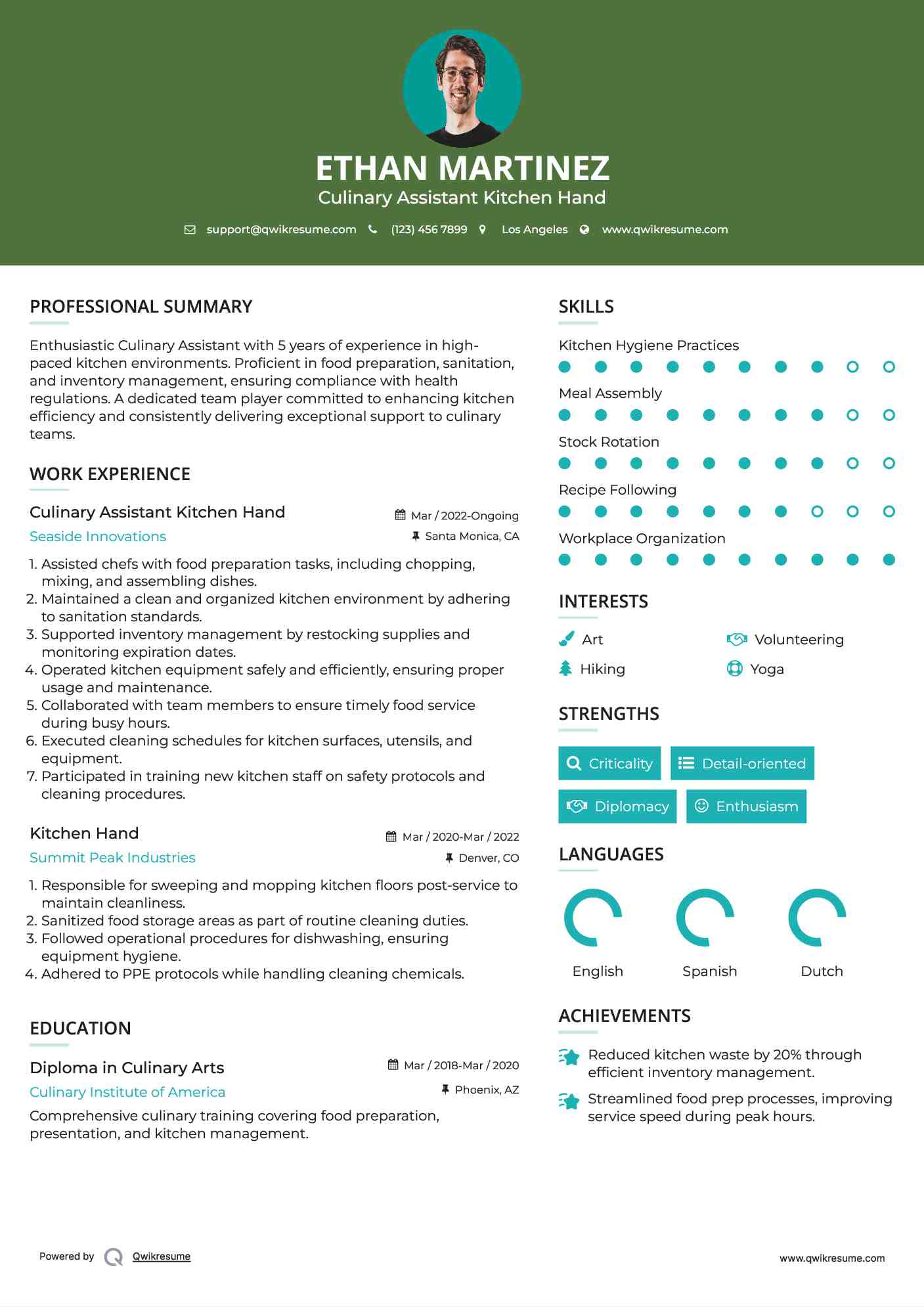 Culinary Assistant Kitchen Hand Resume Example