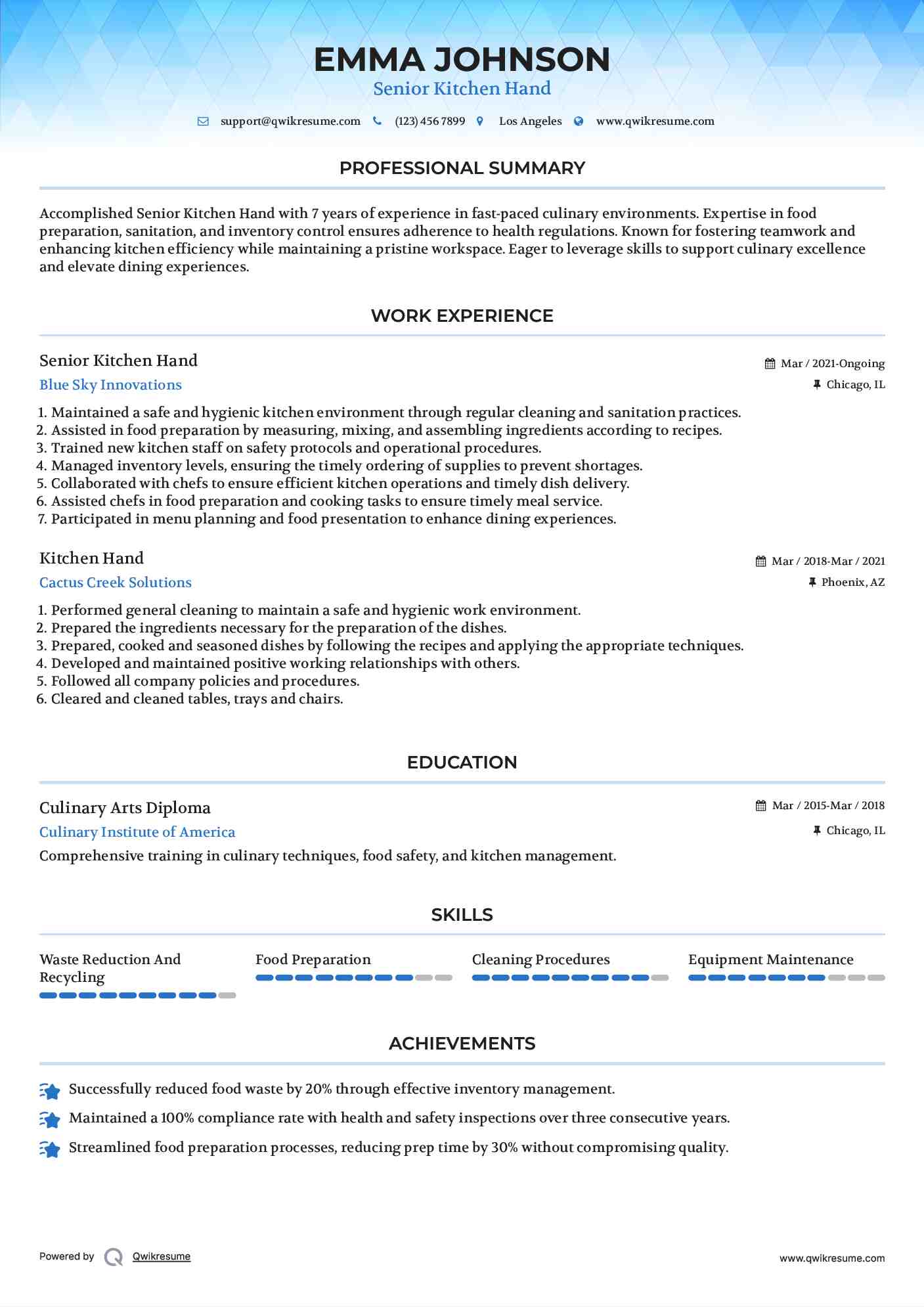 Senior Kitchen Hand Resume Sample