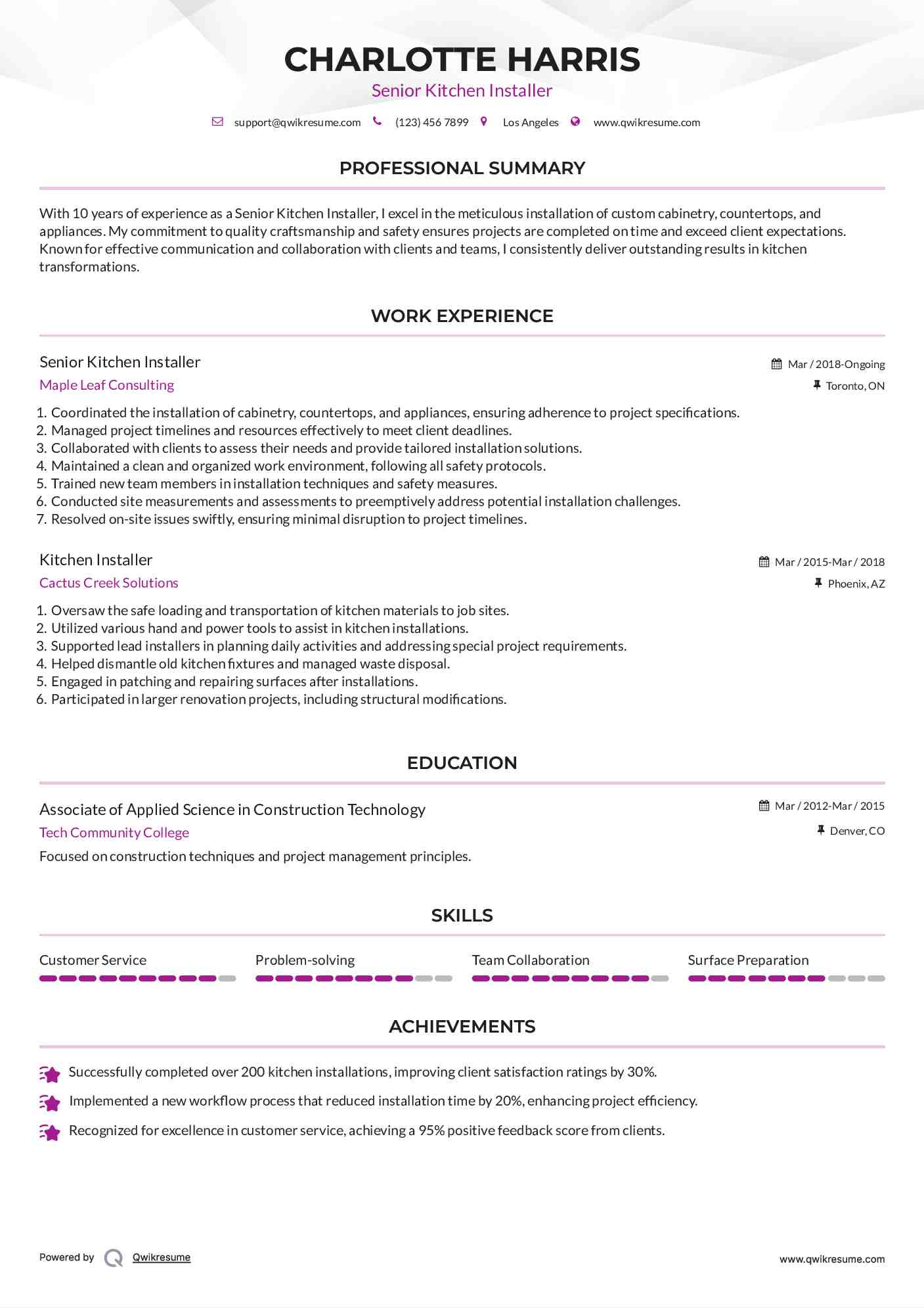 Senior Kitchen Installer
 Resume Example