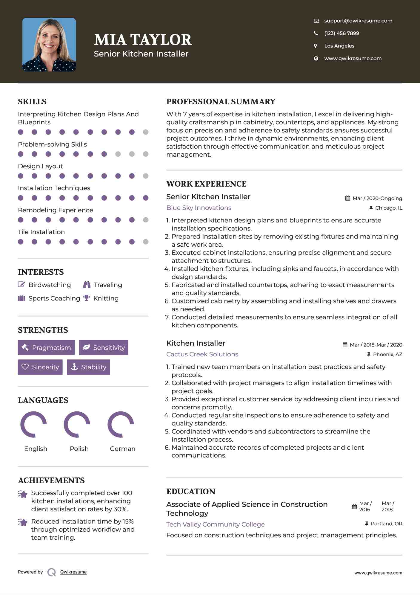 Senior Kitchen Installer
 Resume Format