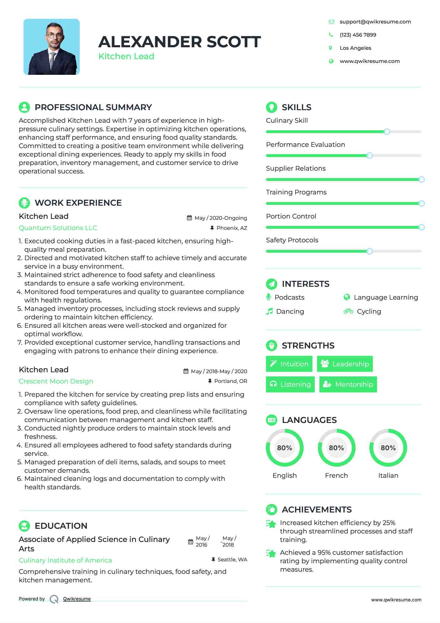 Kitchen Lead Resume Sample