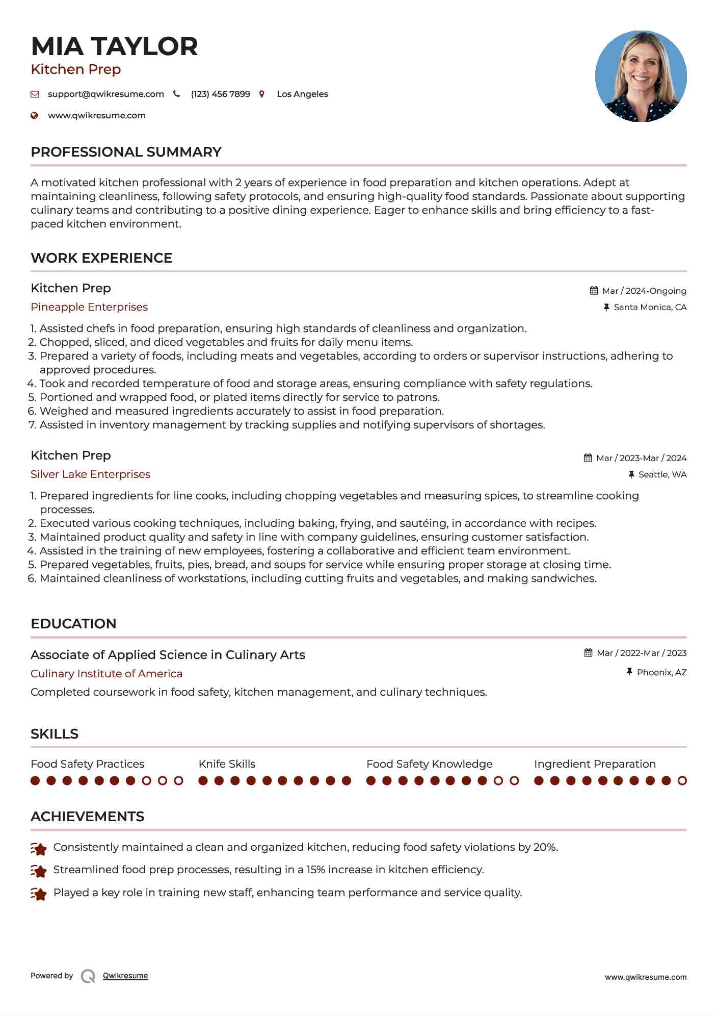 Kitchen Prep Resume Sample