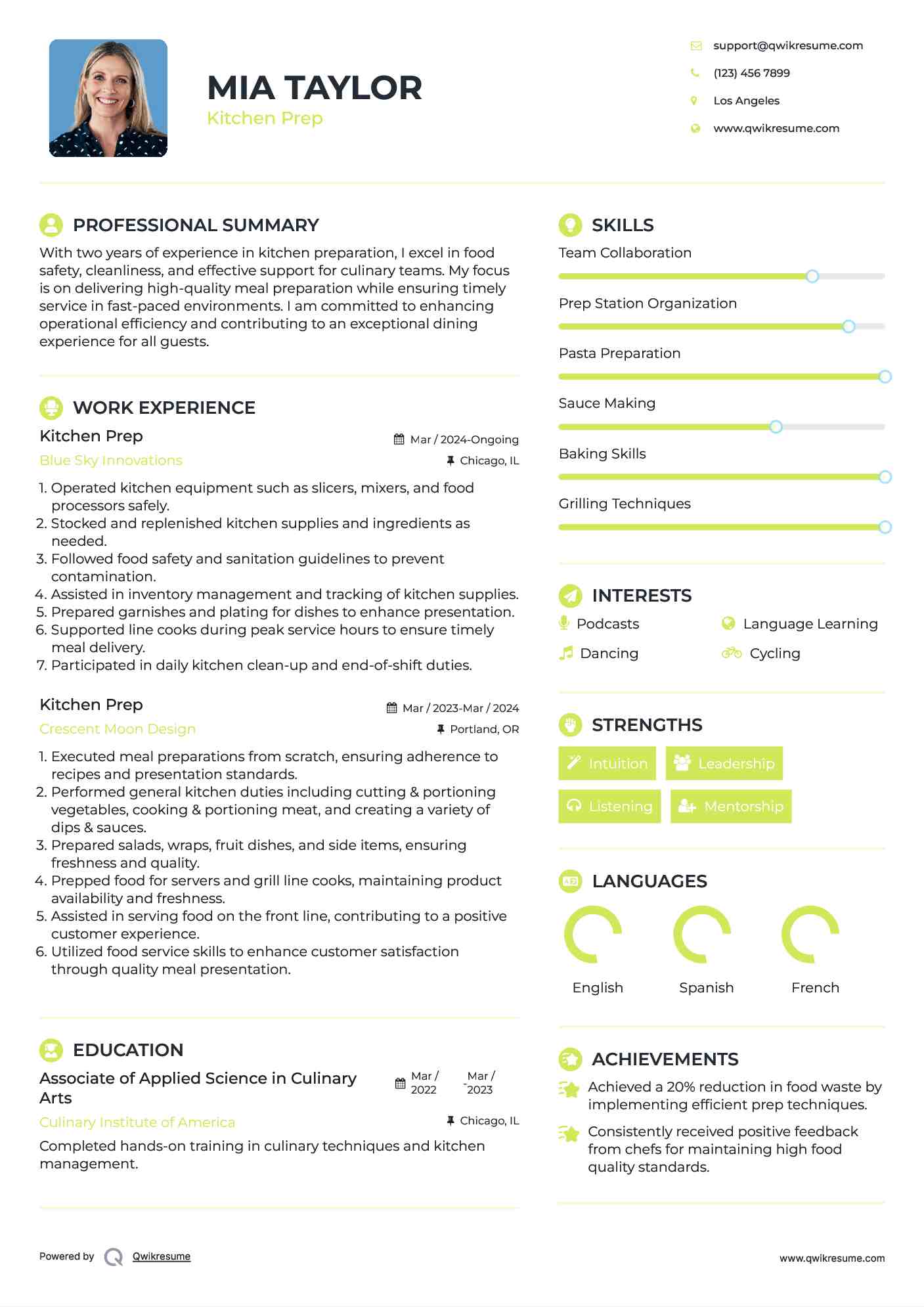 Kitchen Prep Resume Model