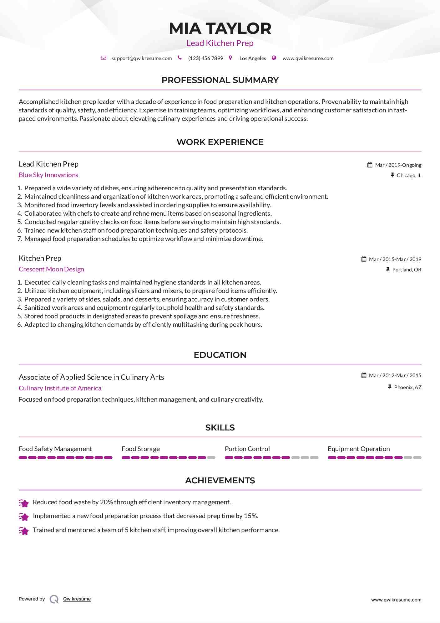 Lead Kitchen Prep Resume Sample
