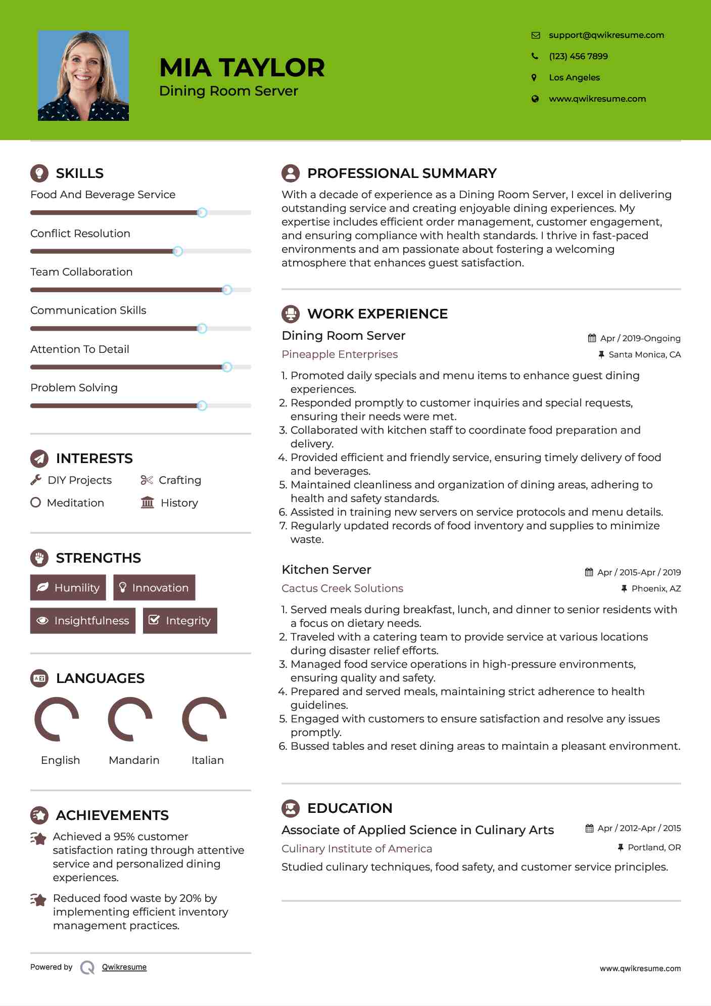 Dining Room Server Resume Model