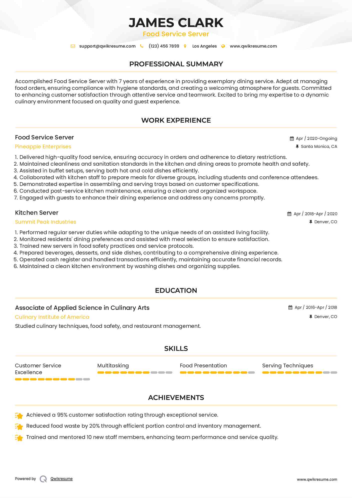 Food Service Server Resume Example