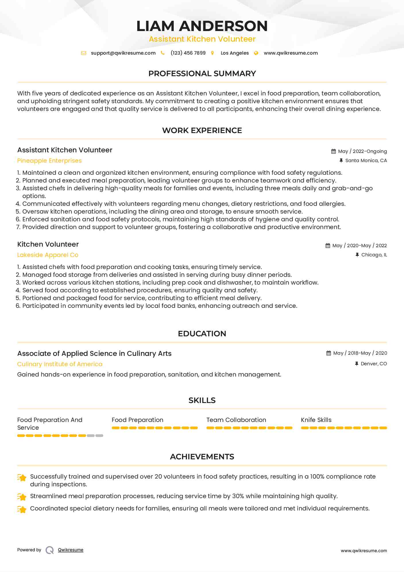 Assistant Kitchen Volunteer Resume Template