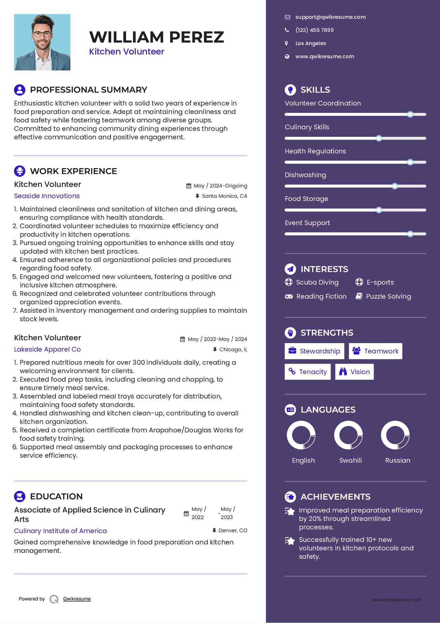 Kitchen Volunteer Resume Template