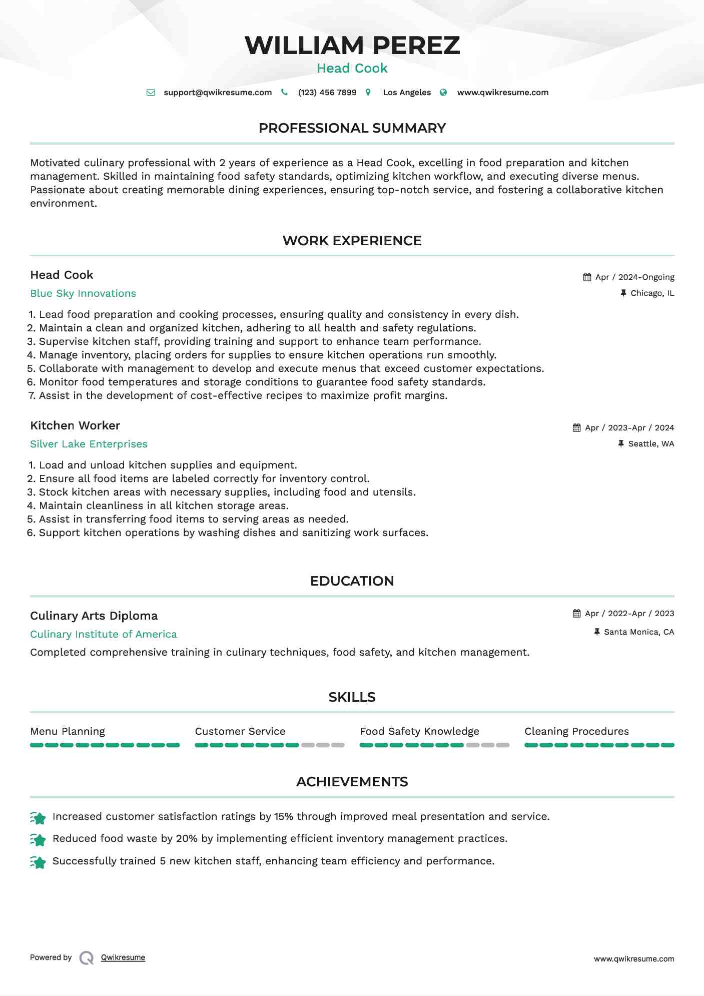 Head Cook Resume Model