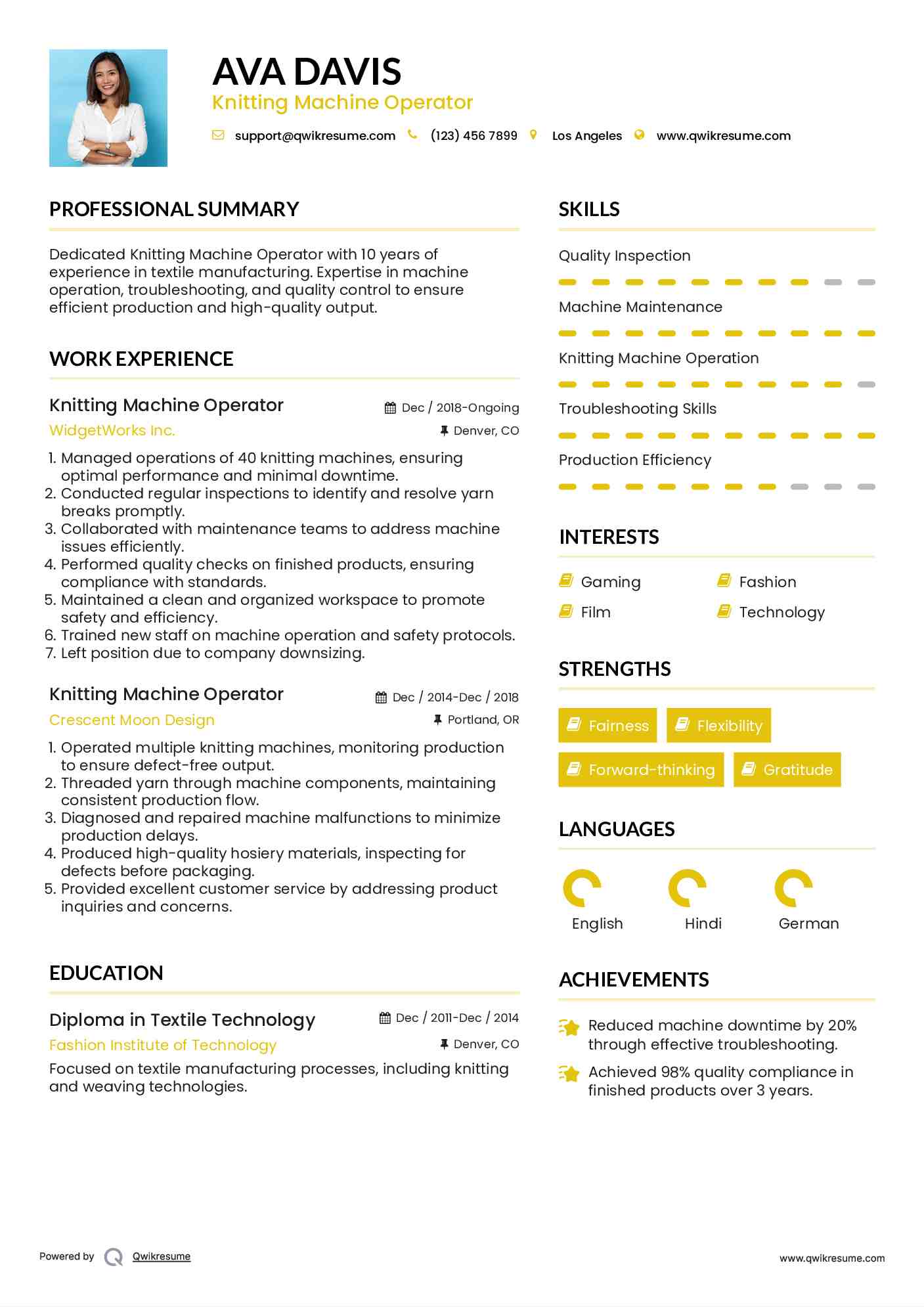 Knitting Machine Operator Resume Samples QwikResume