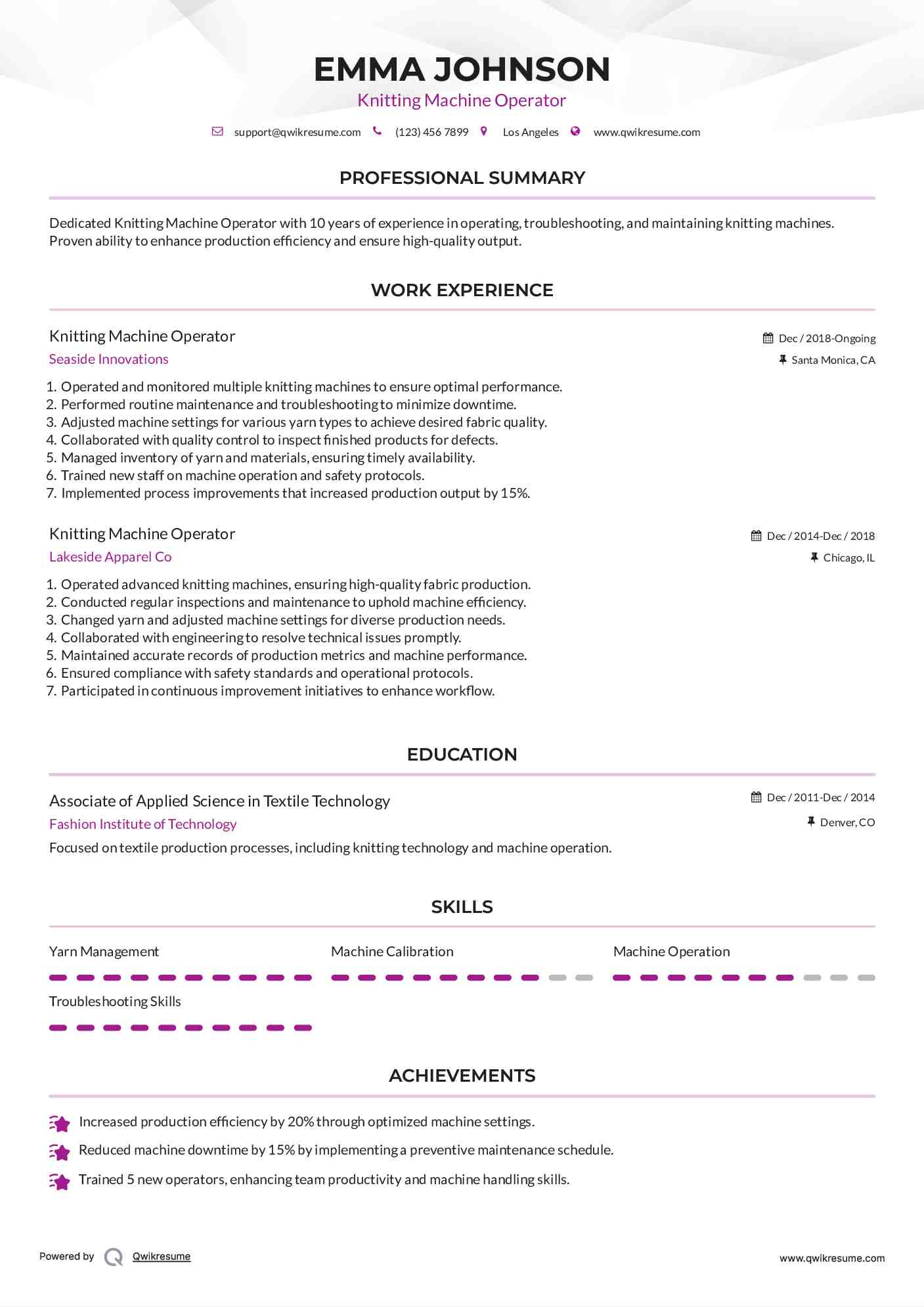 Knitting Machine Operator Resume Template