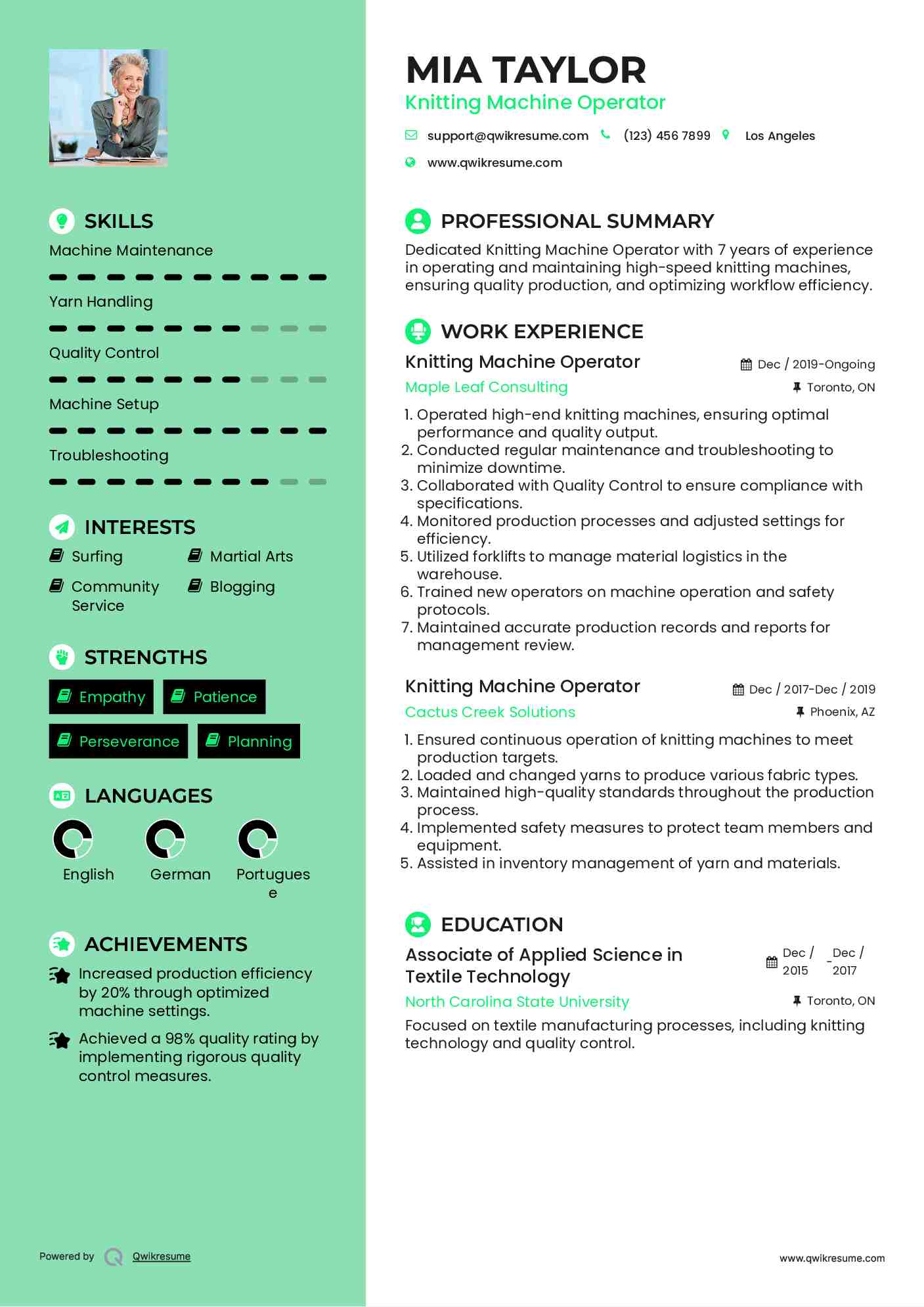 Knitting Machine Operator Resume Samples QwikResume
