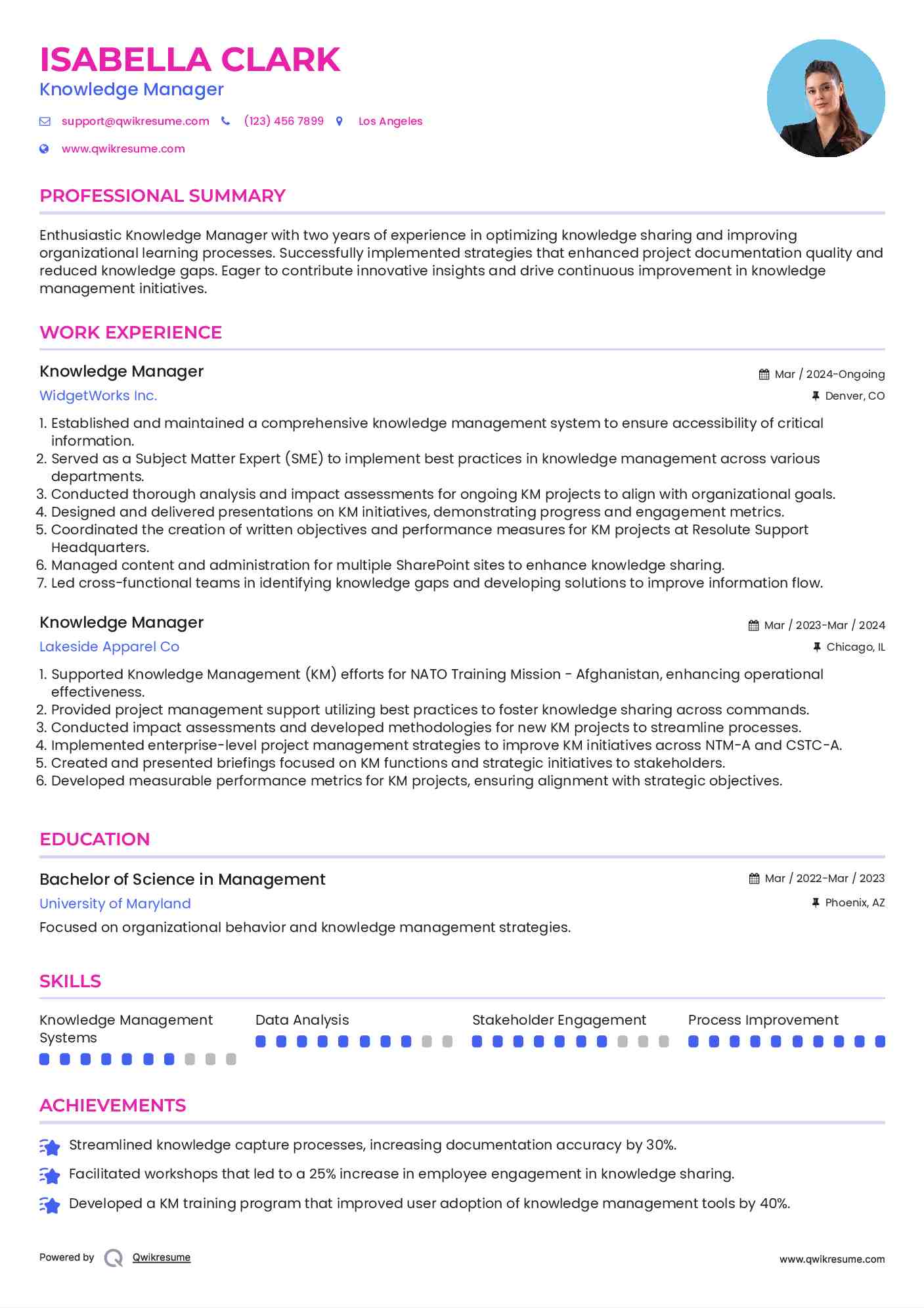 Knowledge Manager Resume Example